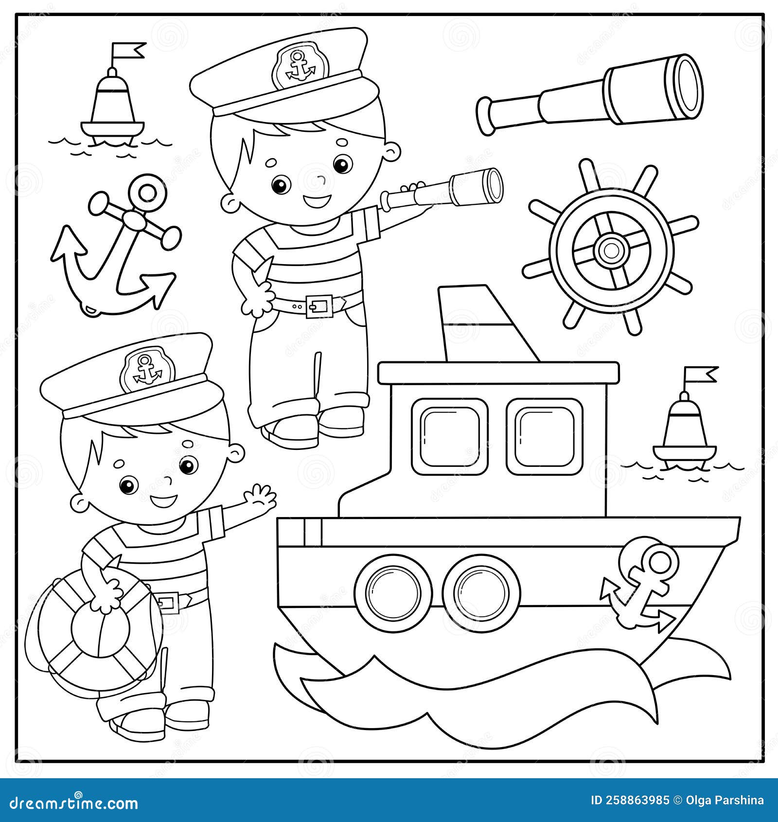 cartoon ship or steamer. sailors or seamen with spyglass and lifebuoy. images of sea transport for children. profession. coloring