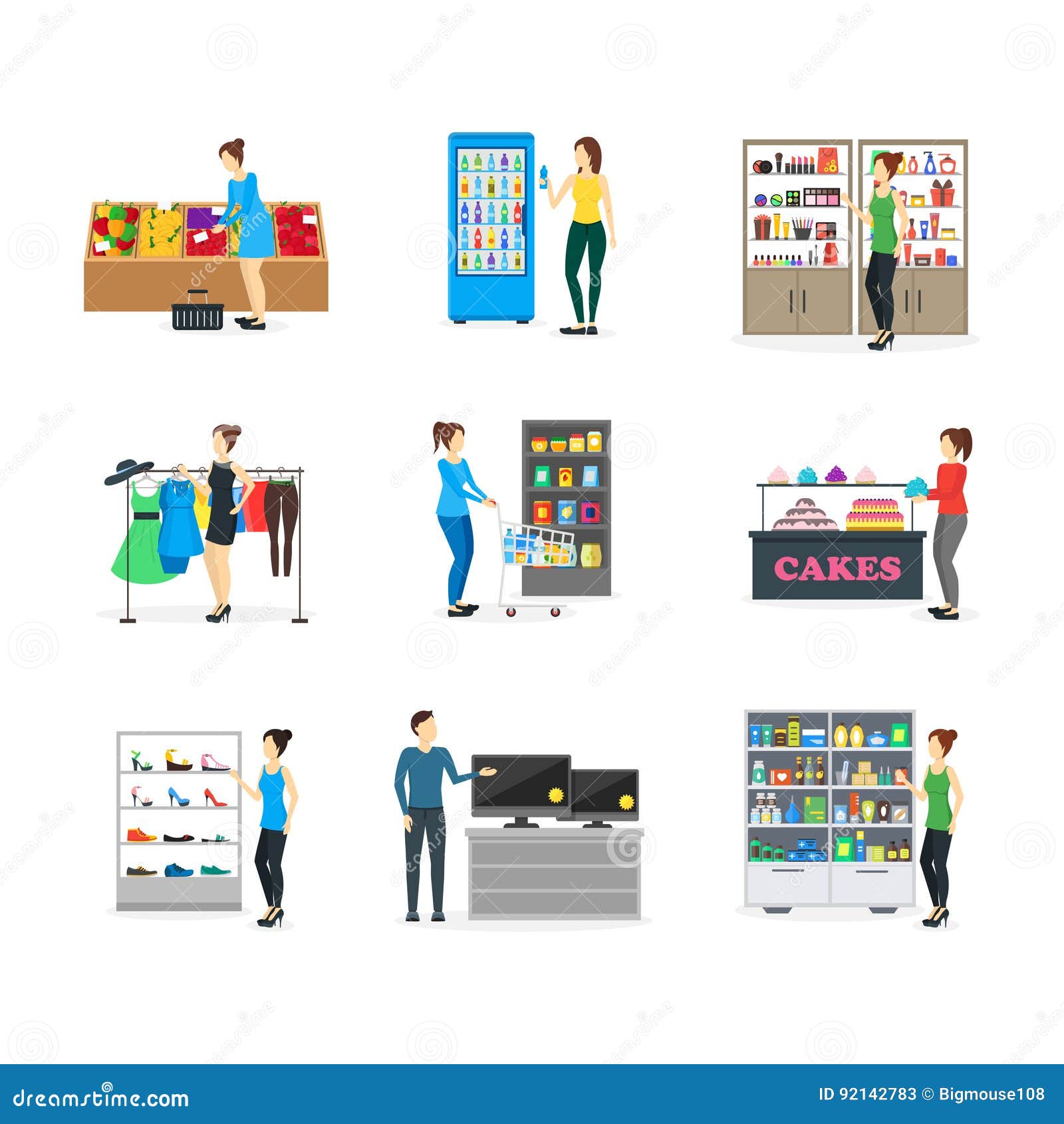 Cartoon Shopping Peoples on Store. Vector Stock Vector - Illustration of  mall, clothing: 92142783