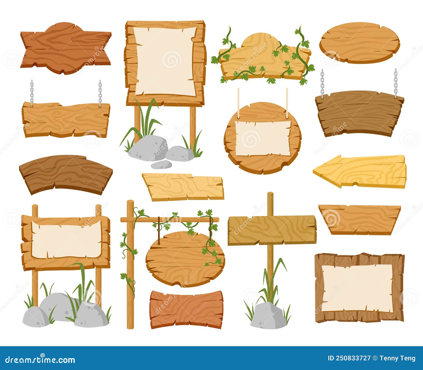 cartoon sign boards, wooden signs, rustic banners and borders. wooden rustic signboards with leaves and blank posters 