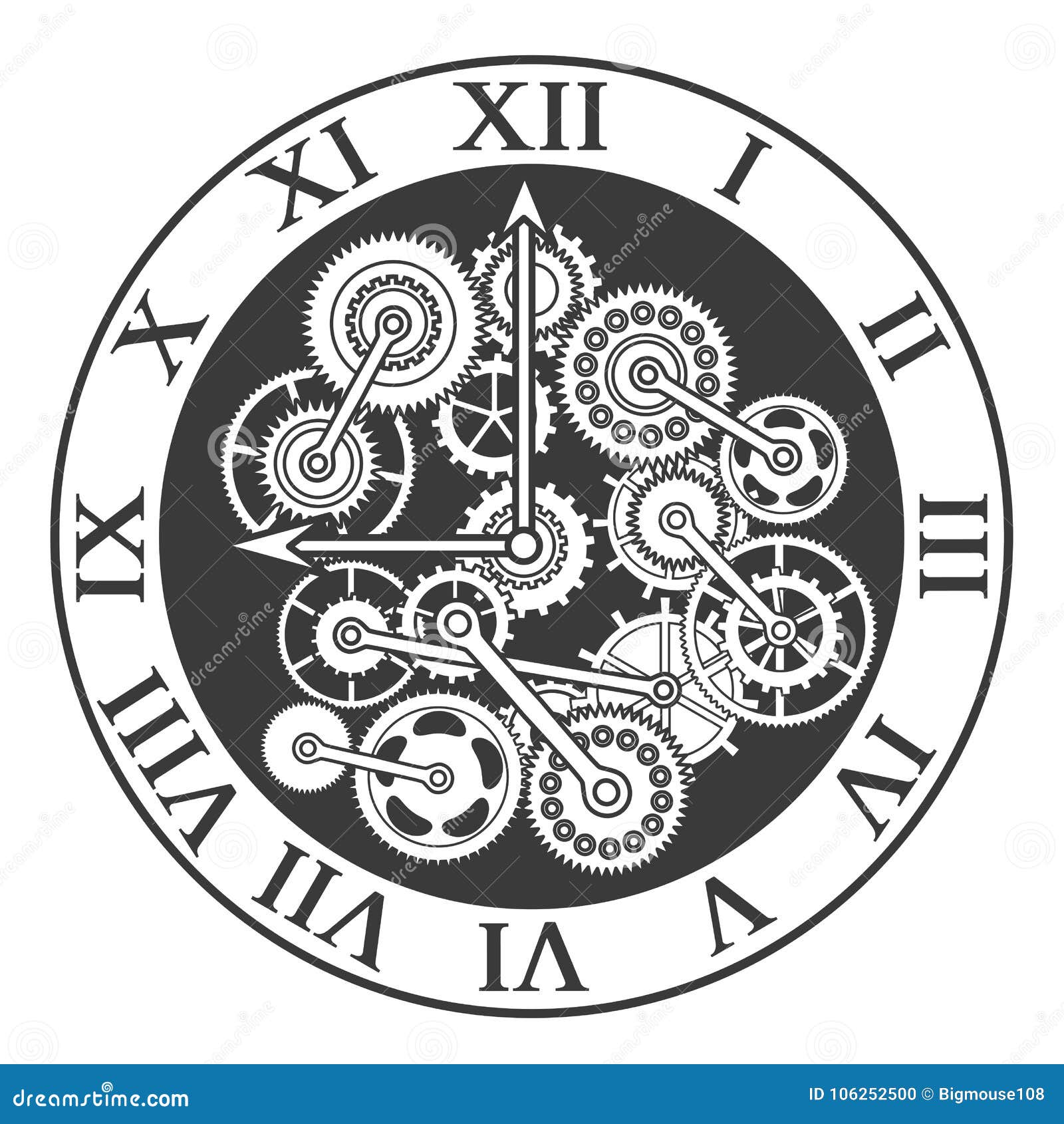 Cartoon Silhouette Black Clock Mechanism. Vector Stock Vector
