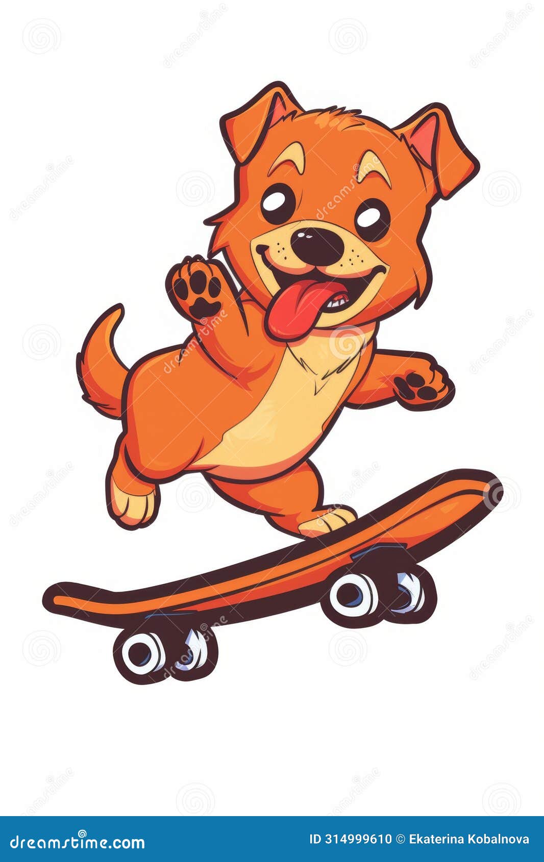 cartoon sketch style icon with playful ginger dog skateboarding on white background