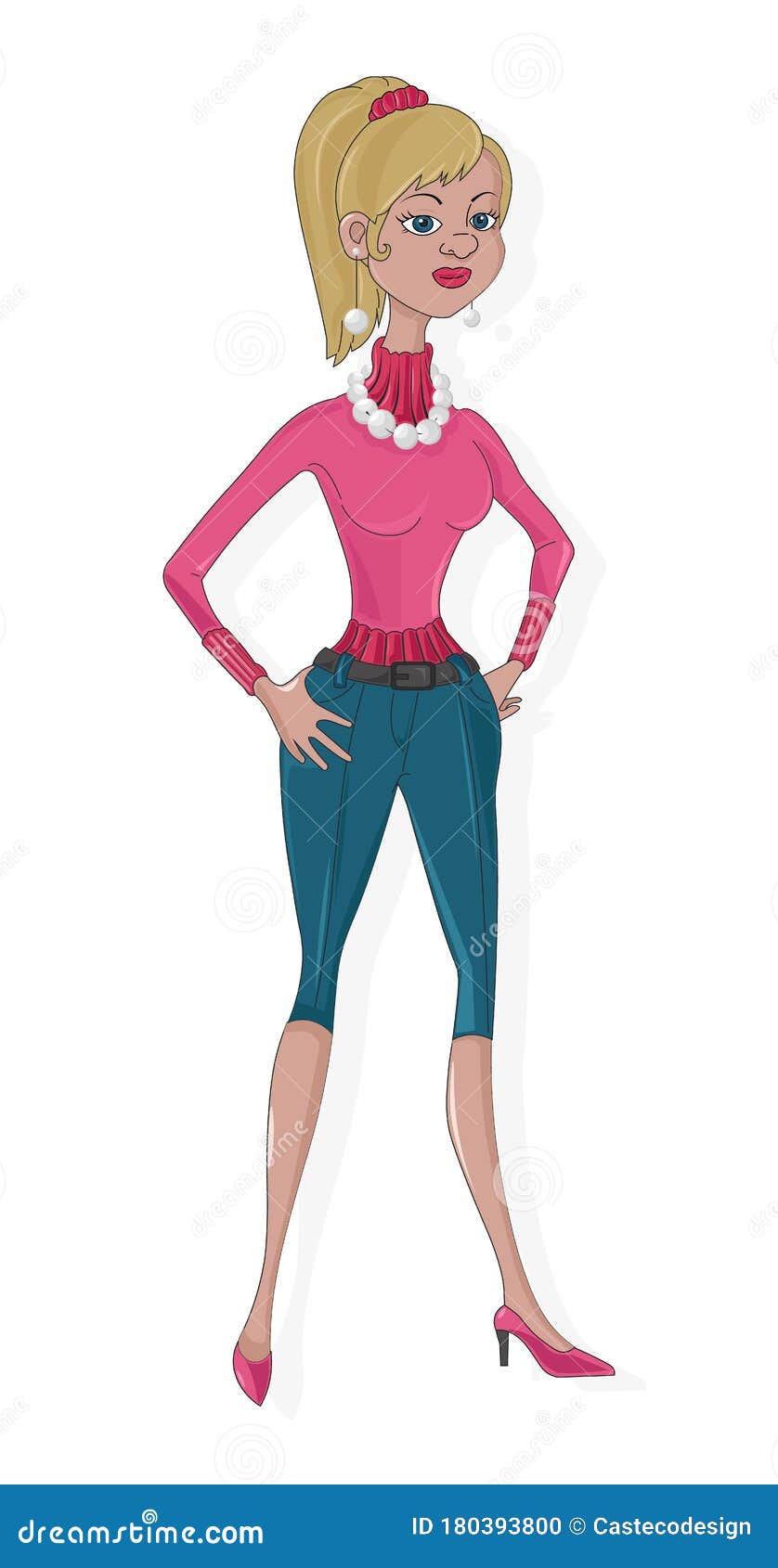 Cartoon Slim Blonde Hair Woman with Pink Sweater and Blue Short Jeans Stock  Vector - Illustration of healthcare, clipart: 180393800