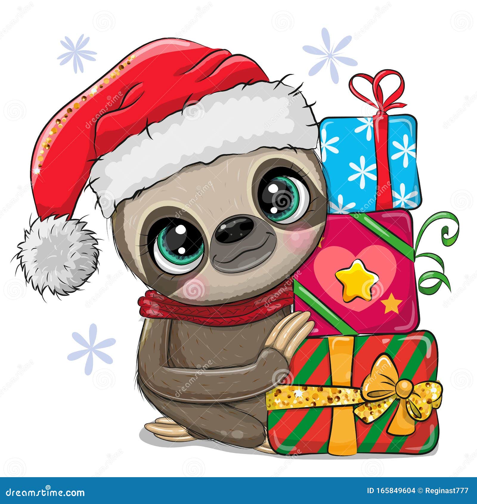 Cartoon Sloth With Gifts In A Santa Hat Stock Vector