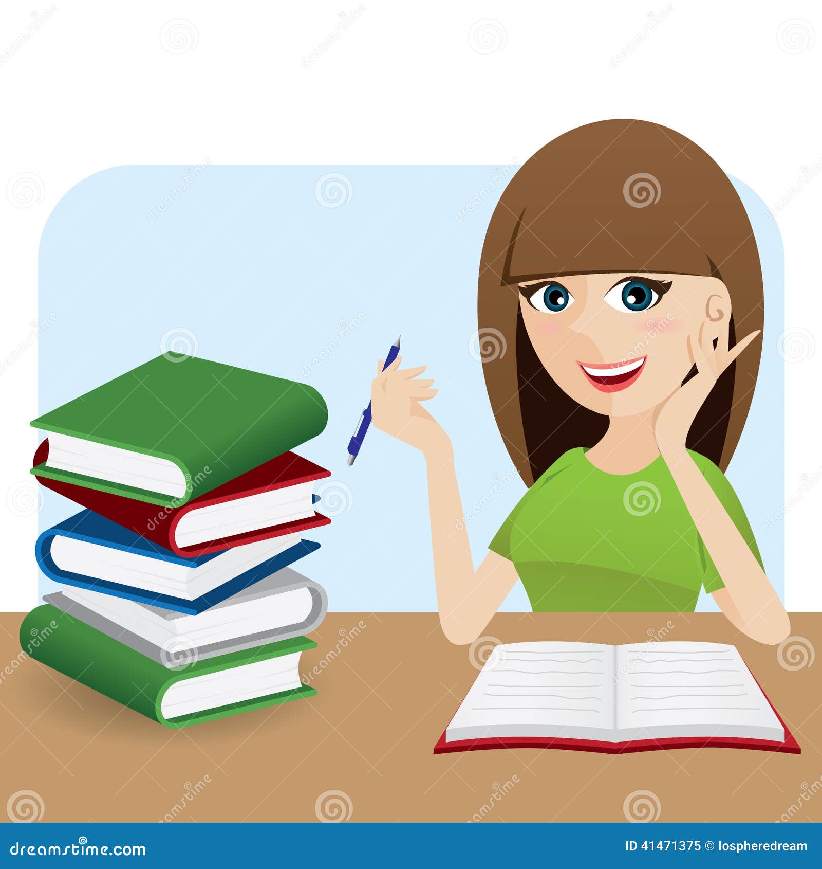 Cartoon Smart Girl Writing Book on Table Stock Vector - Illustration of  smart, smile: 41471375