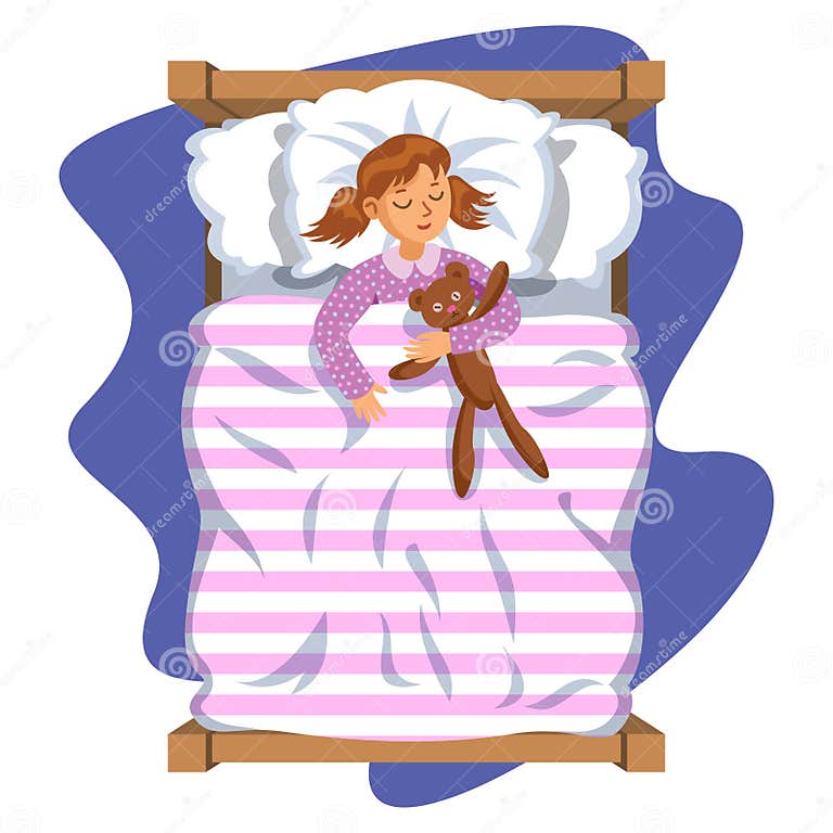 Cartoon Smile Little Girl Sleeping in the Bed with Teddy Bear. Stock ...