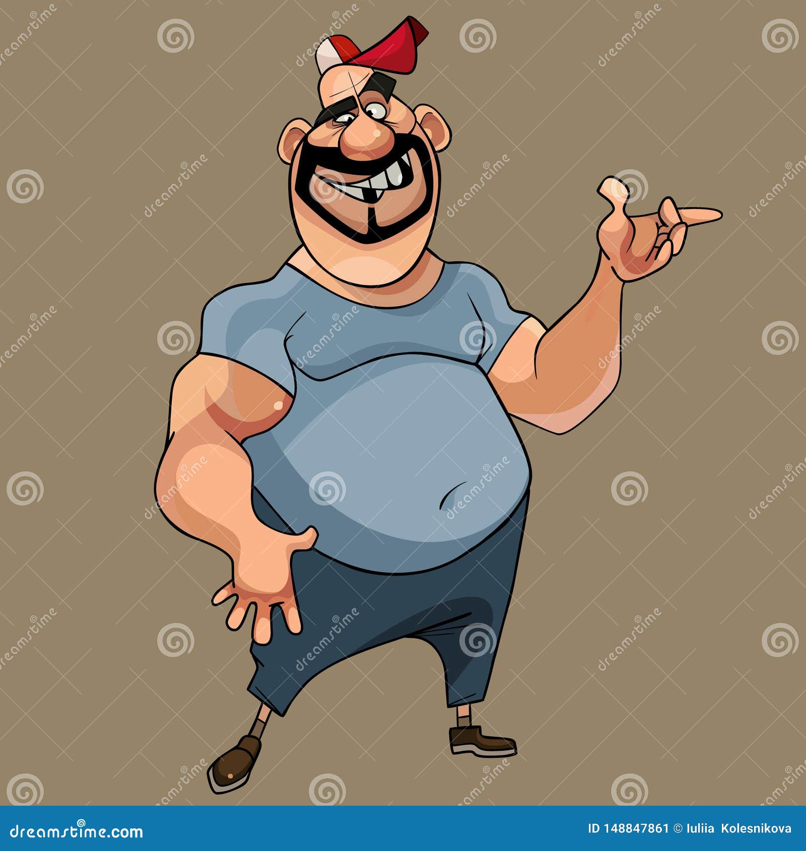 cartoon smiling muscular man in a cap says gesticulating
