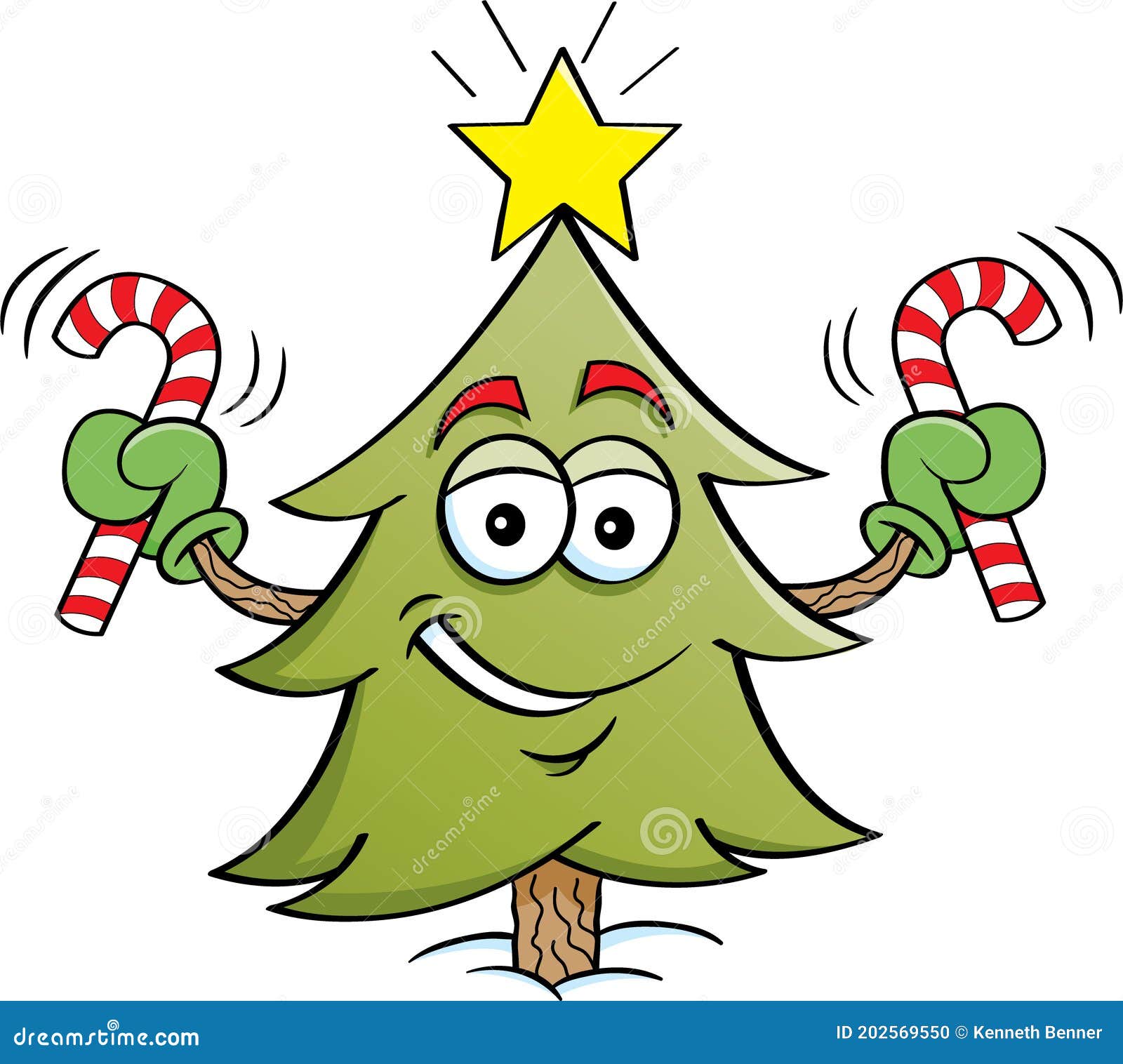 Cartoon Smiling Pine Tree Holding Candy Canes. Stock Vector ...
