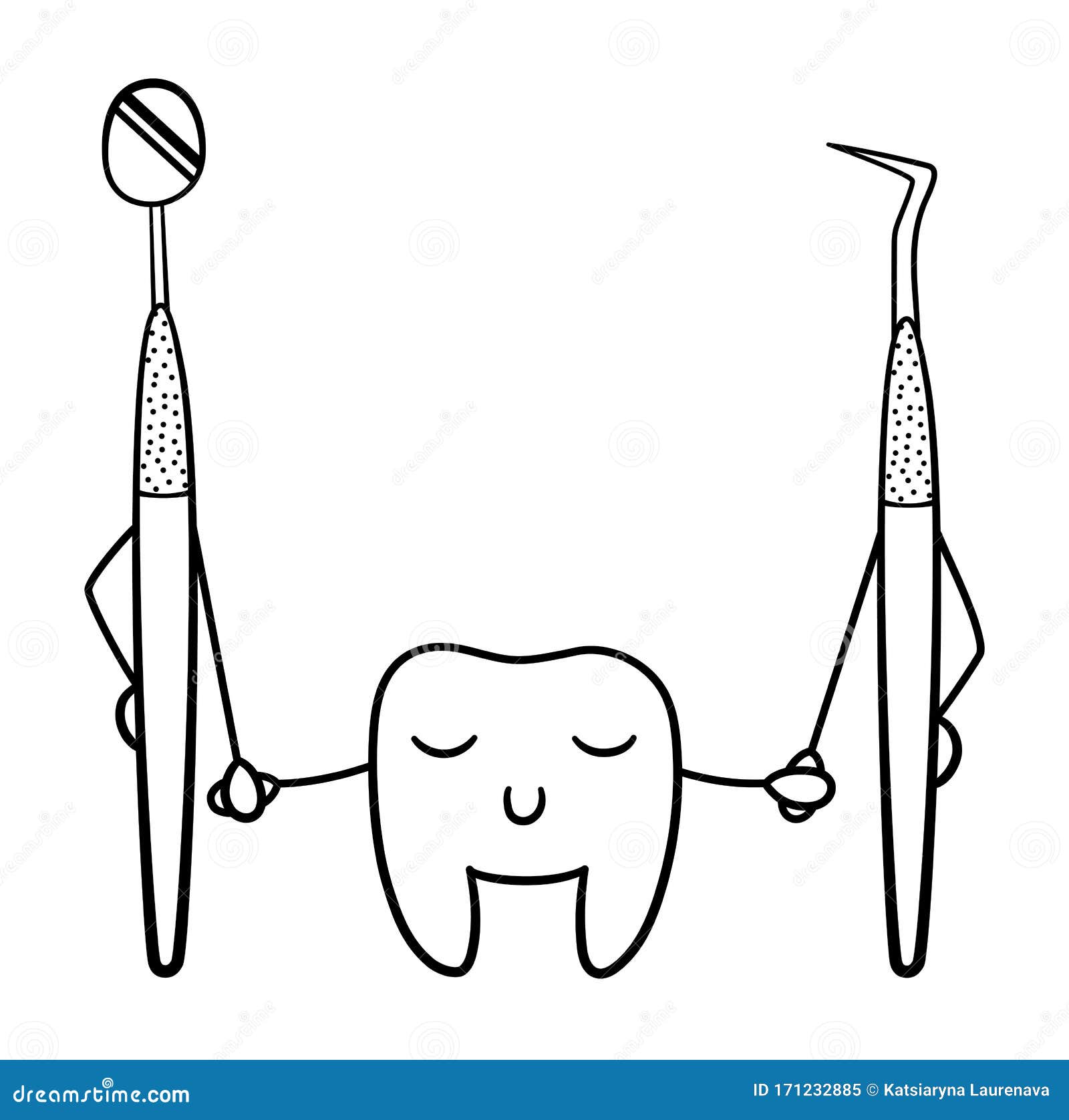 Dentist hand hold dental tools. Line art. Dental health care