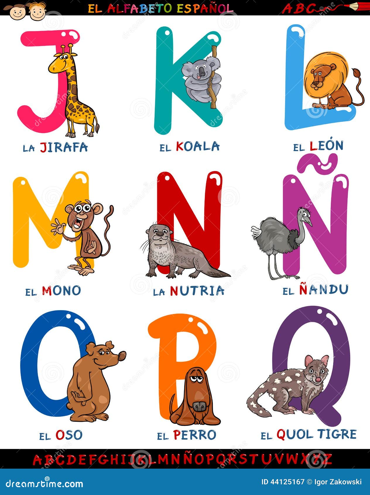 Cartoon Spanish Alphabet With Animals Stock Vector - Image: 44125167