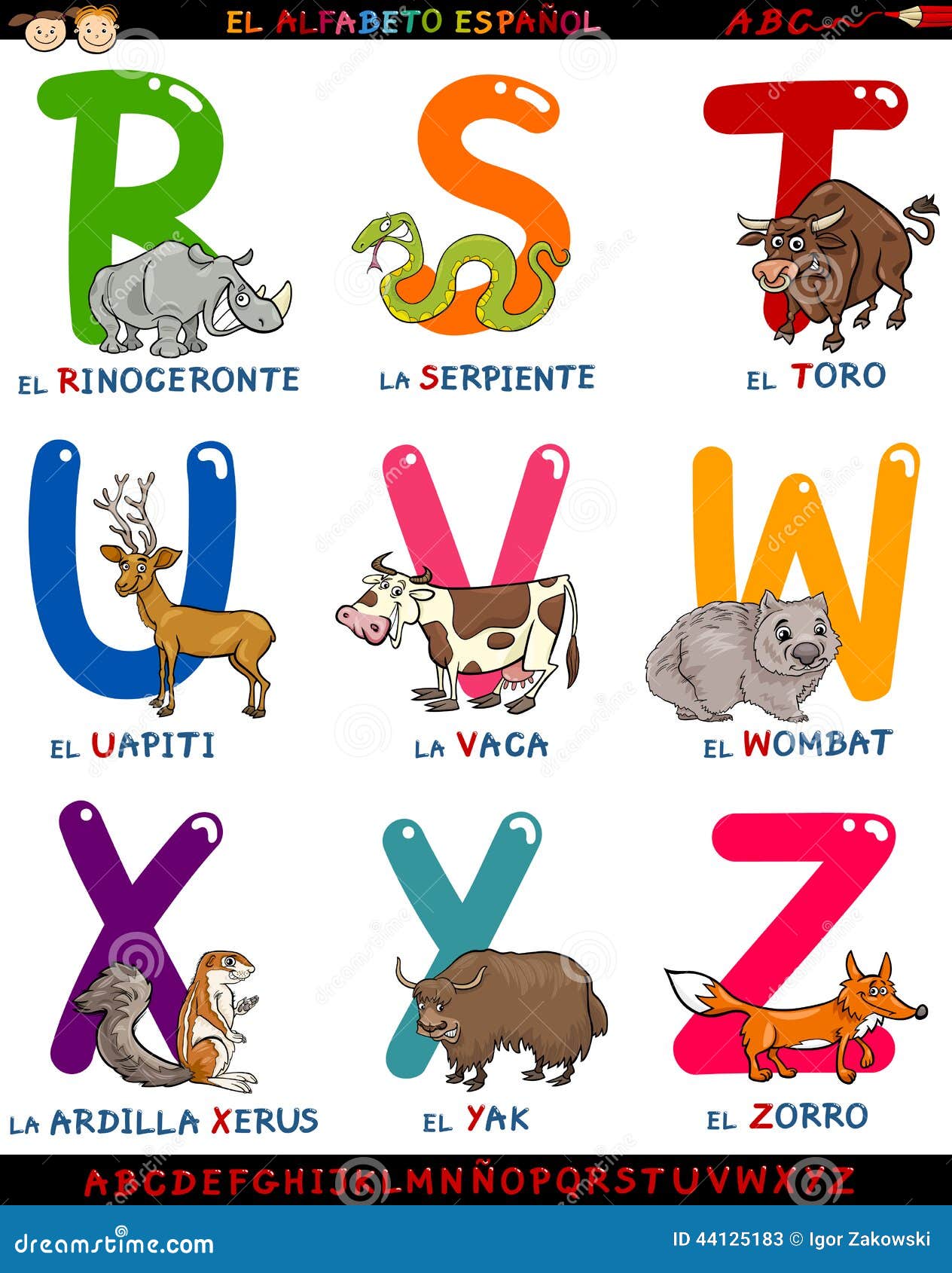 cartoon spanish alphabet with animals