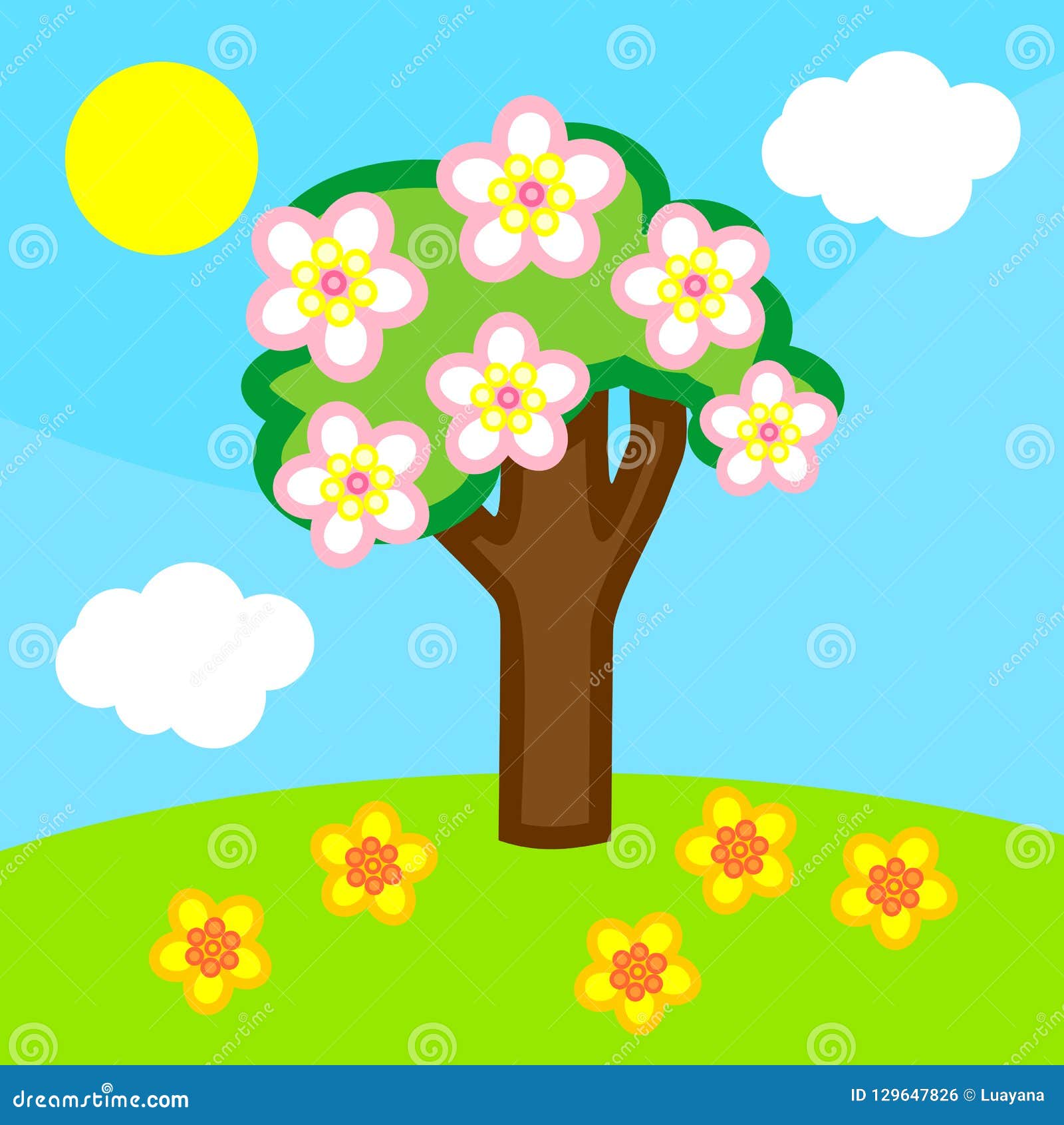 Cartoon Spring Landscape with Flowering Tree Stock Vector - Illustration of  blooming, garden: 129647826