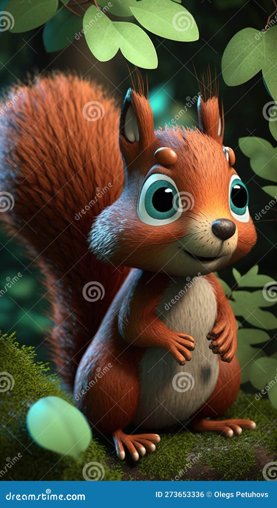A Cartoon Squirrel with Big Eyes Sitting on a Tree Branch Stock