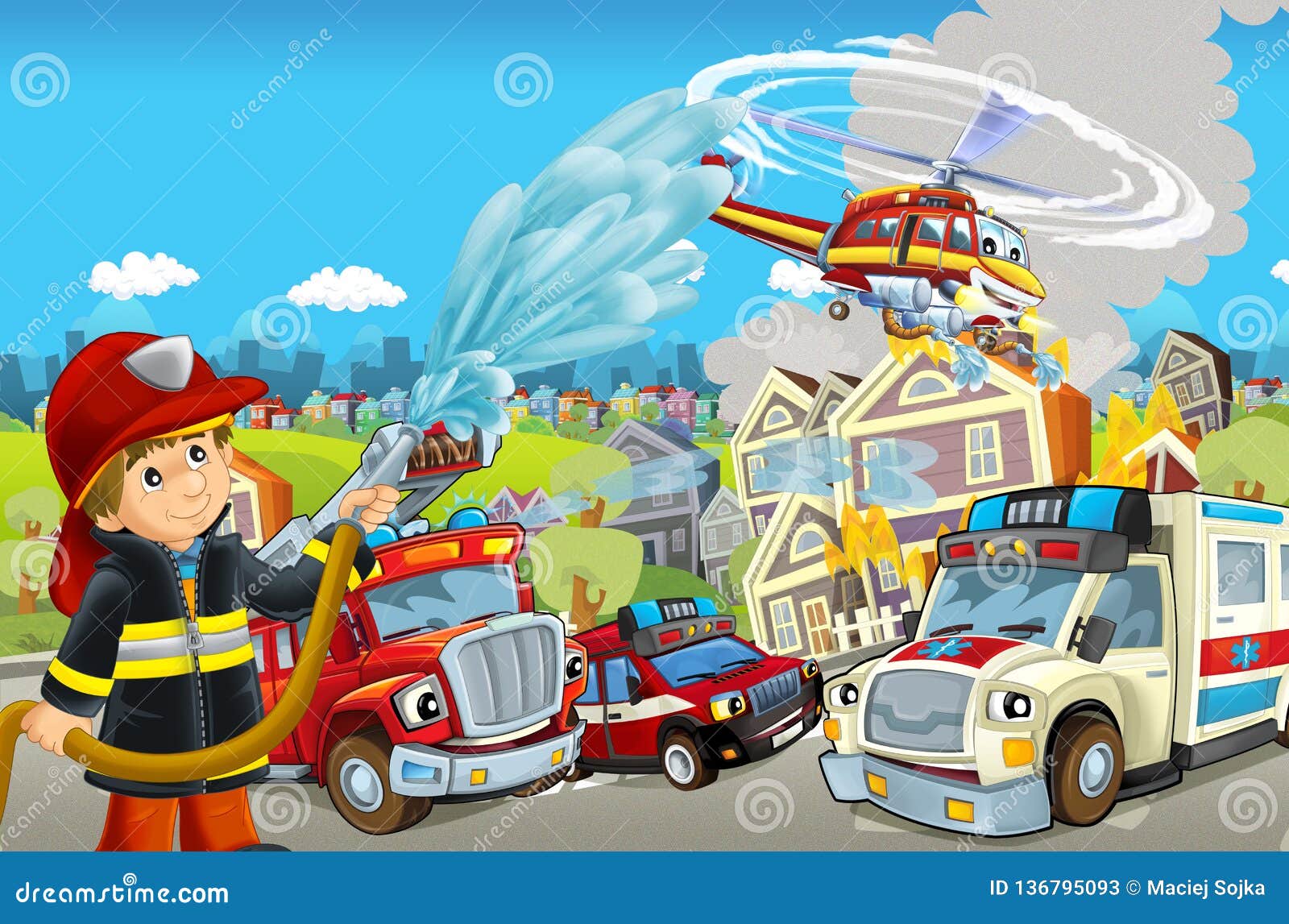 cartoon stage with different machines for firefighting and ambulance colorful and cheerful scene