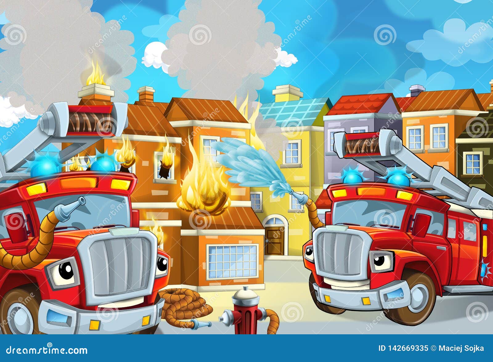 Cartoon Stage with Fireman and Fire Truck Near Burning Building Colorful  Scene Stock Illustration - Illustration of anime, beautiful: 142669335
