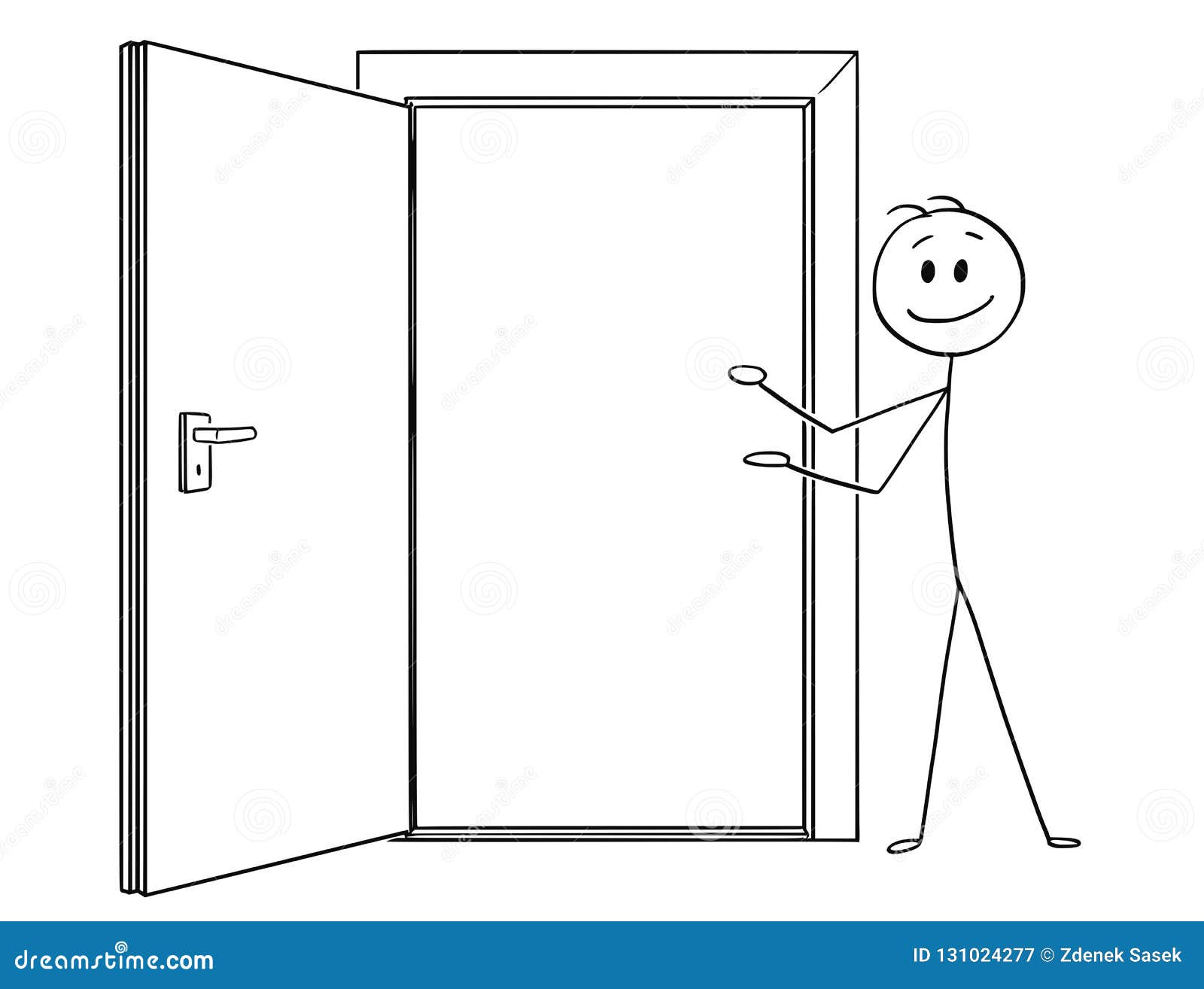 cartoon of man or businessman inviting to go through open door
