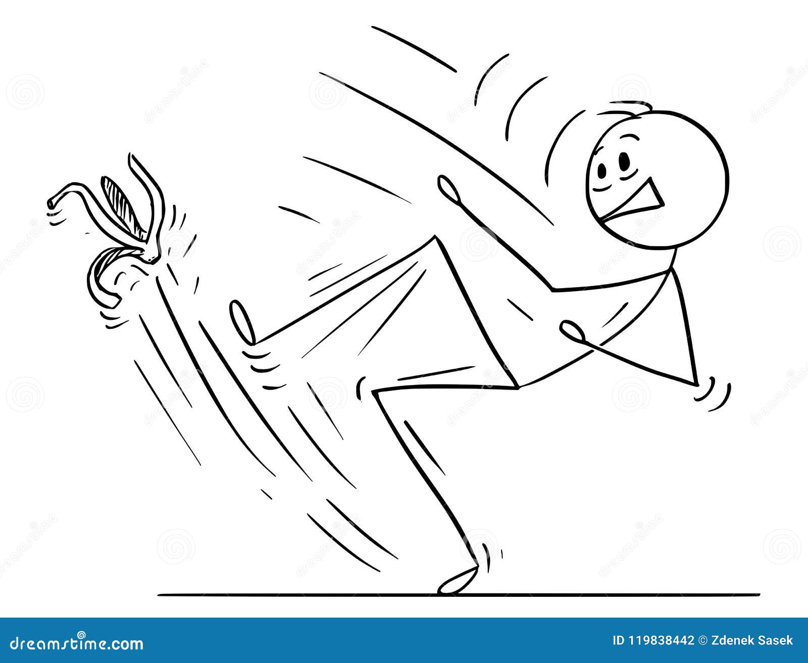 cartoon of man or businessman slipping on banana peel