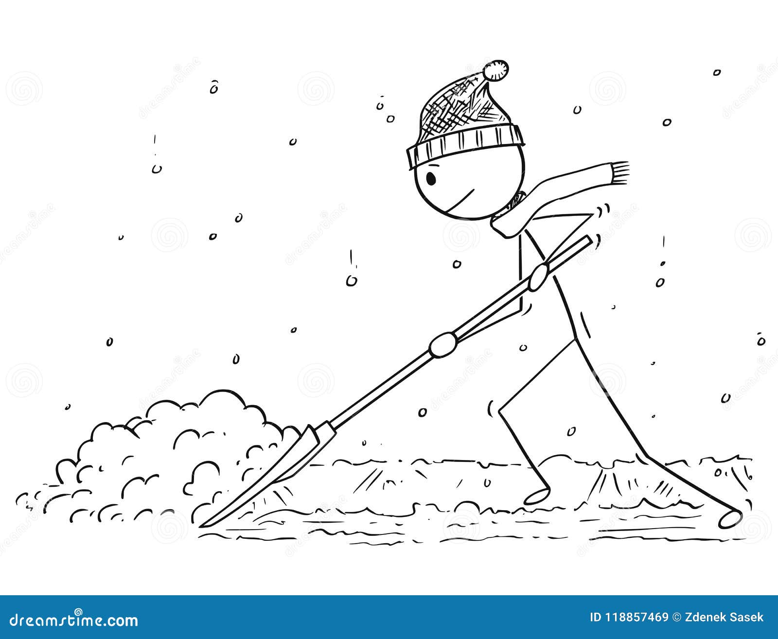 cartoon of man with snow pusher shoveling the snow