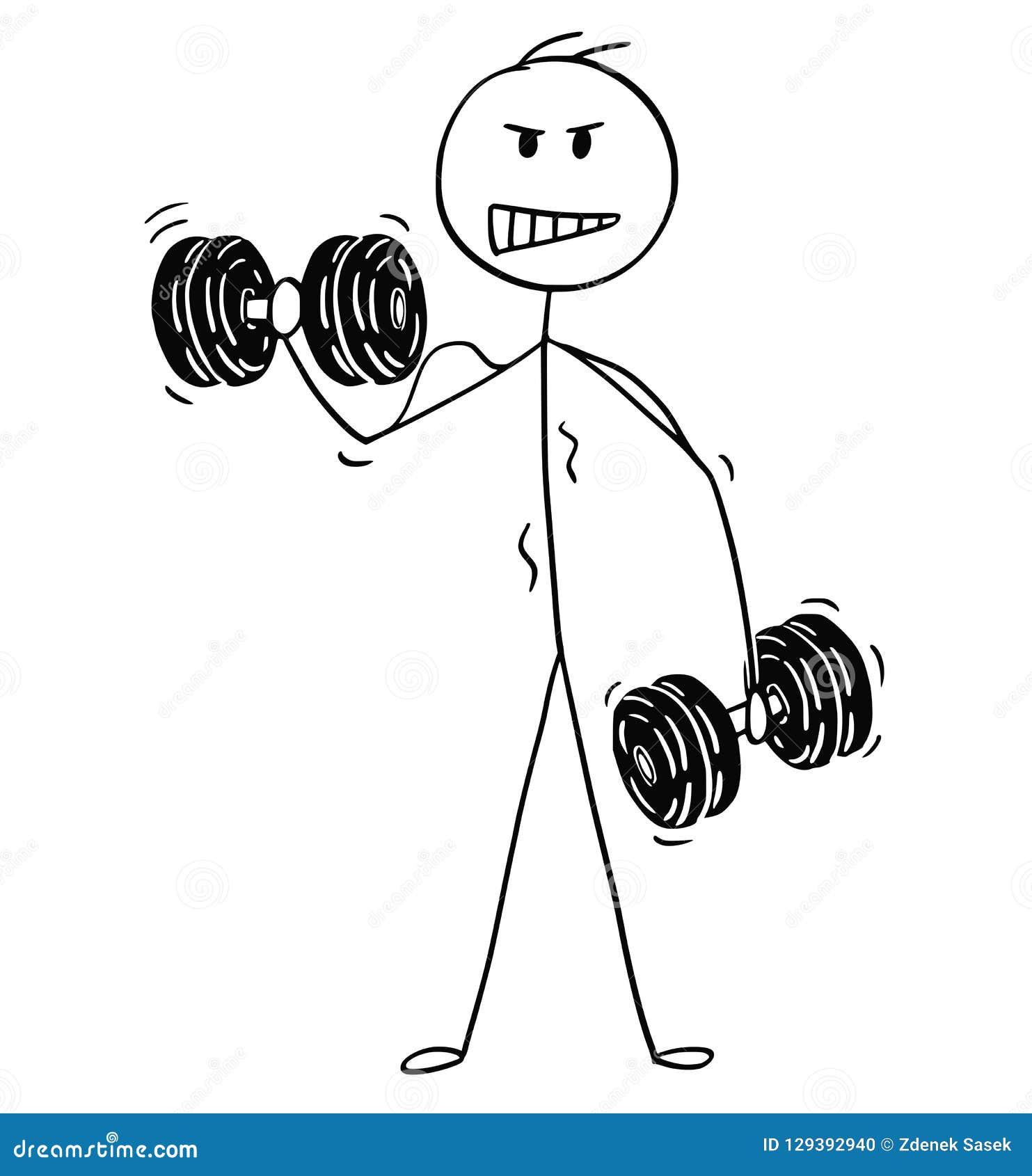 cartoon of muscular man lifting two dumbbells