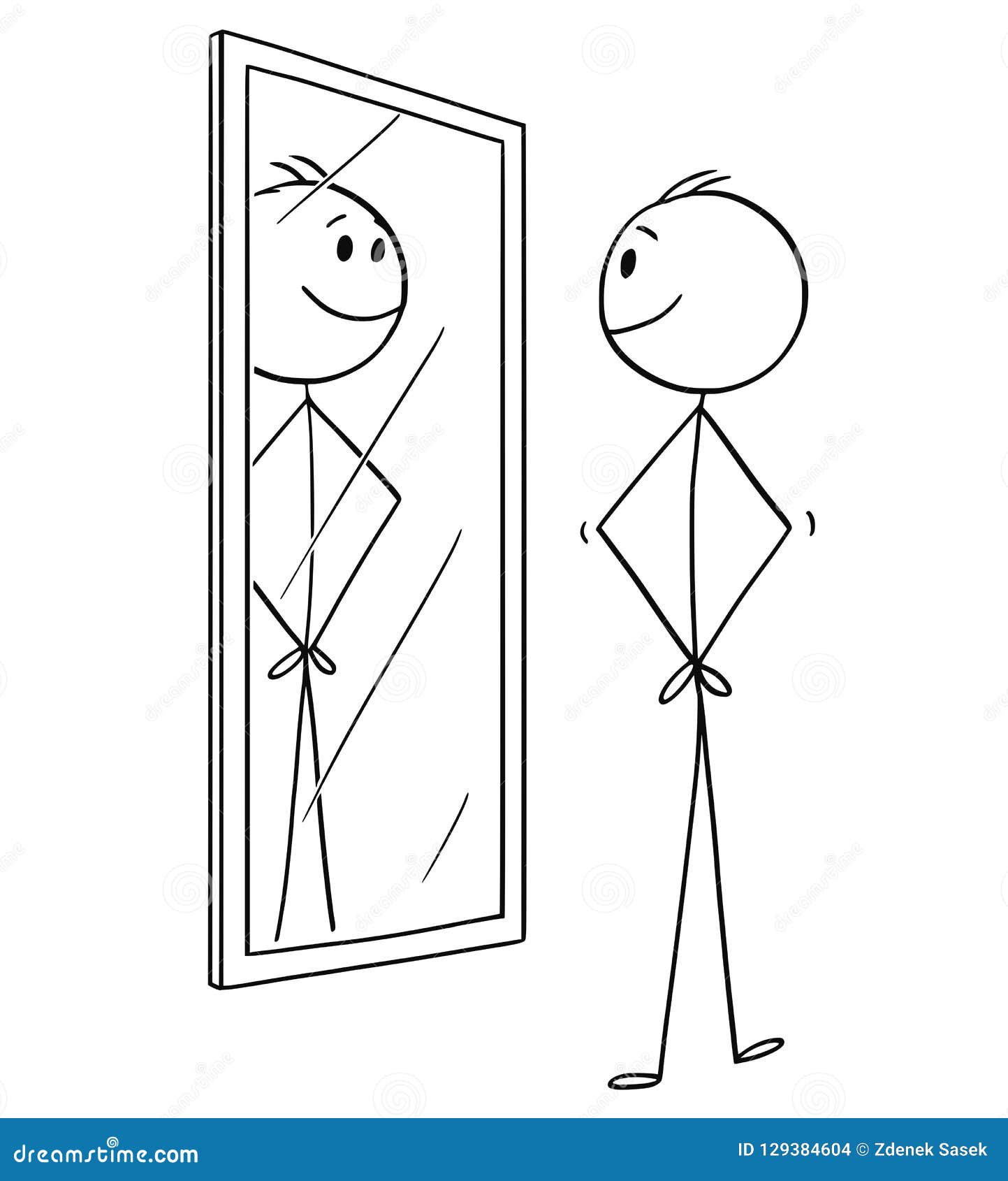 cartoon of smiling cheerful man looking at himself in the mirror