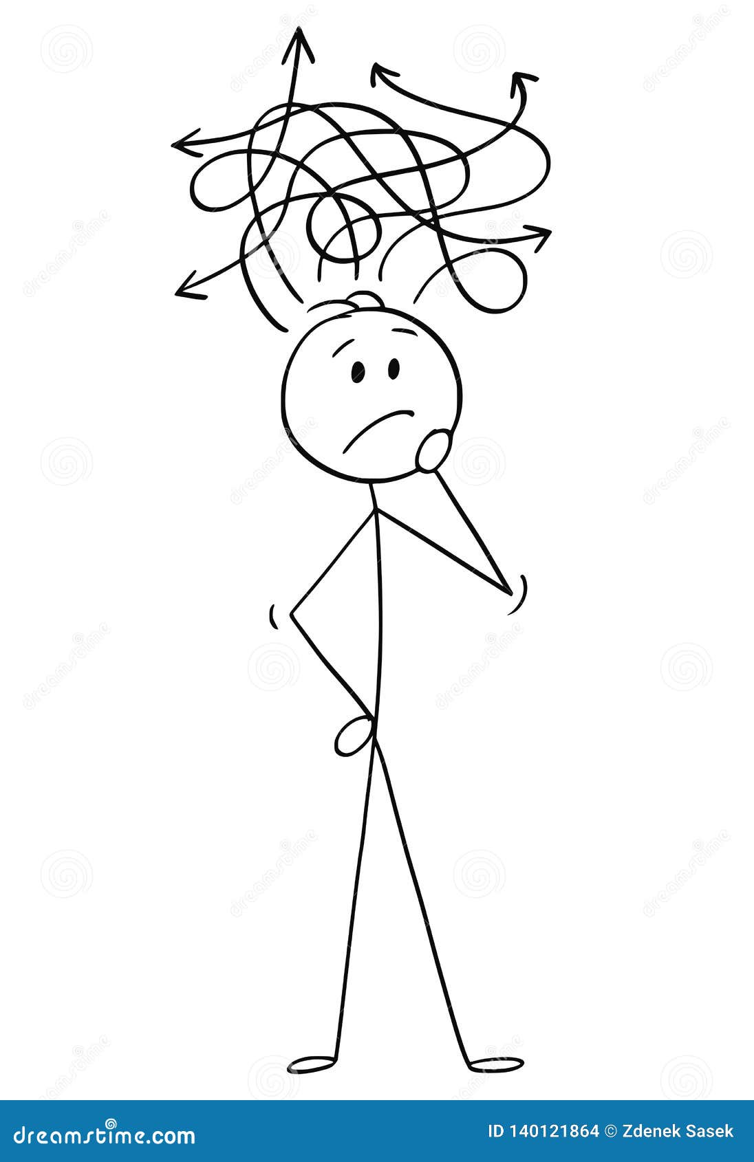 Stick figure in thinking posture. Stick man thinking about a solution to a  question. Vector illustration isolated on white Stock Vector