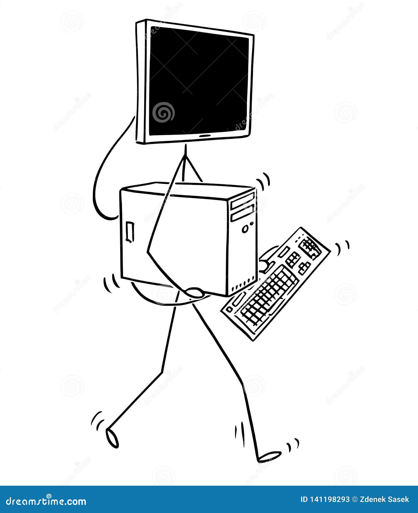 Cartoon Of Walking Desktop Computer With Monitor As Head Stock