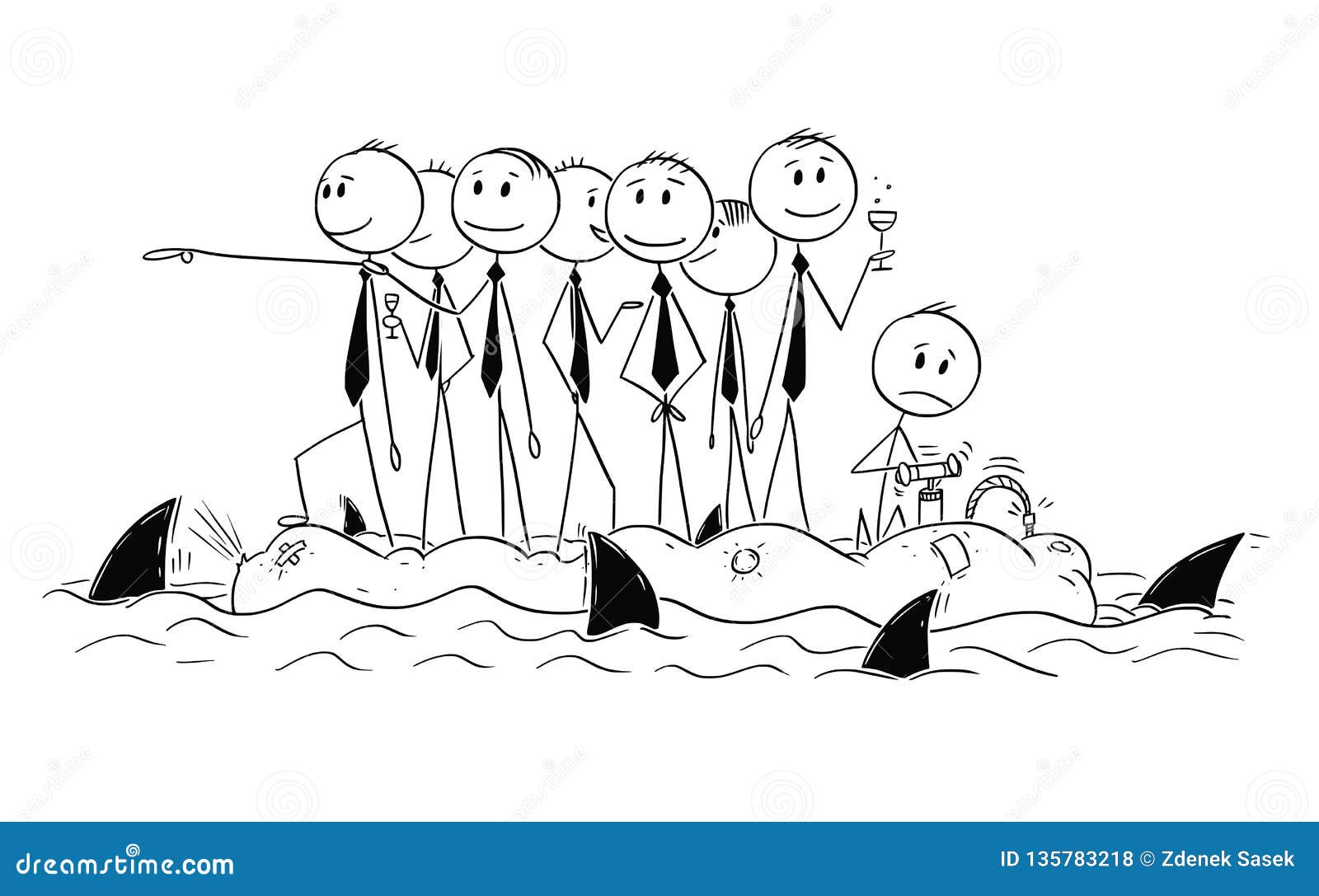 cartoon of group of unworried businessmen or politicians on unstable boat with sharks around