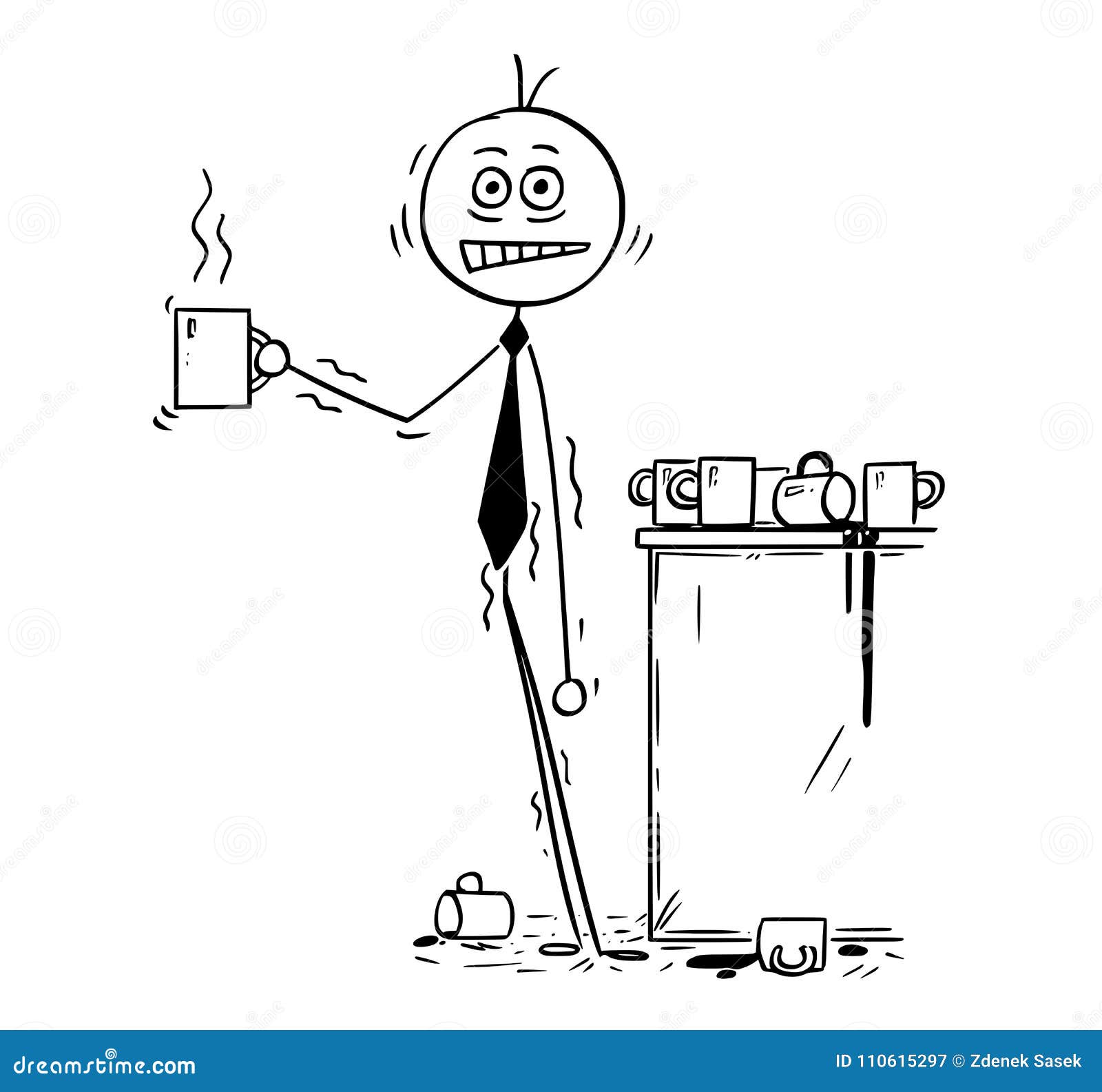 cartoon of businessman overdosed by caffeine from coffee