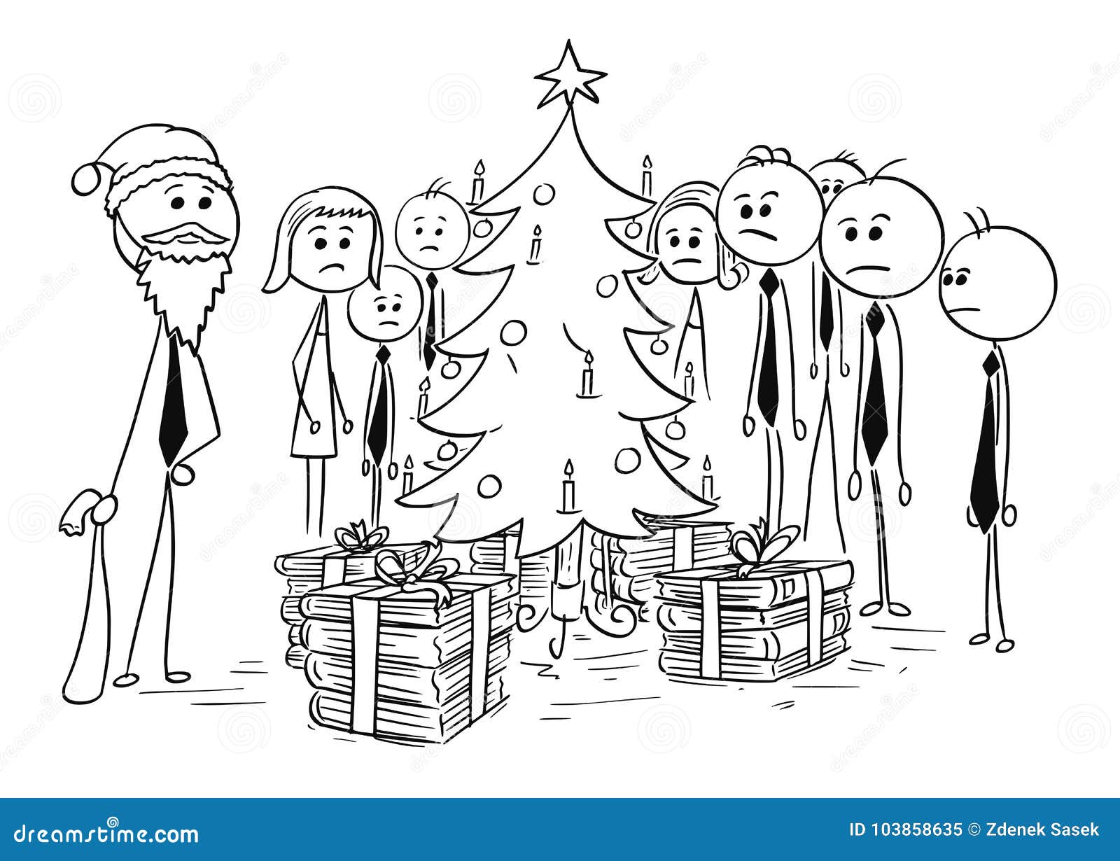 Cartoon stick man drawing illustration of group of business people standing around Christmas tree boss in Santa Claus costume is giving them more paper