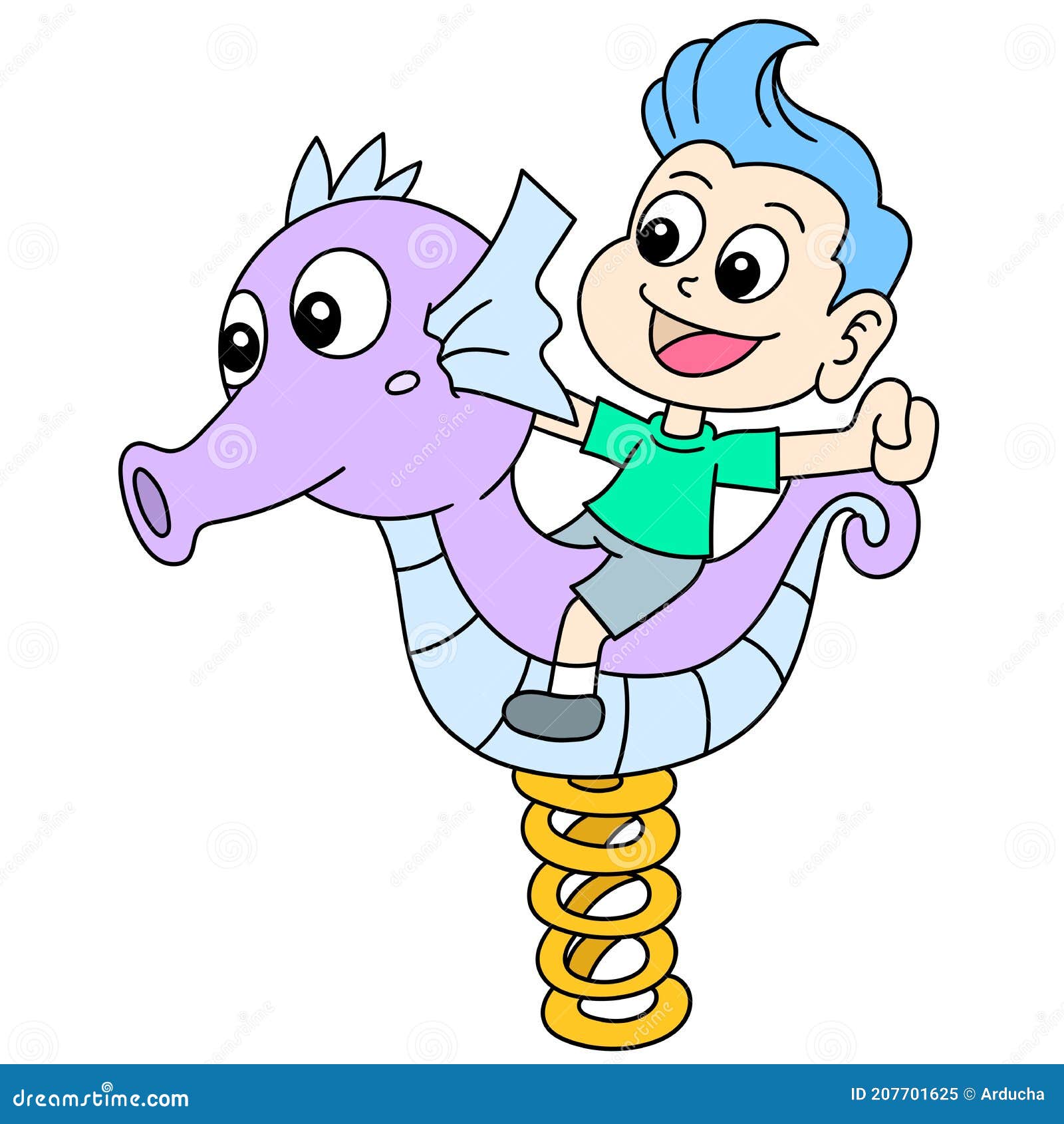 cartoon sticker of a boy playing on a jumping jump toy, doodle icon image
