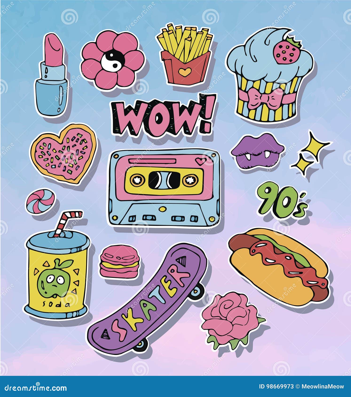 Cartoon Stickers or Patches Set with 90s Style Design Elements