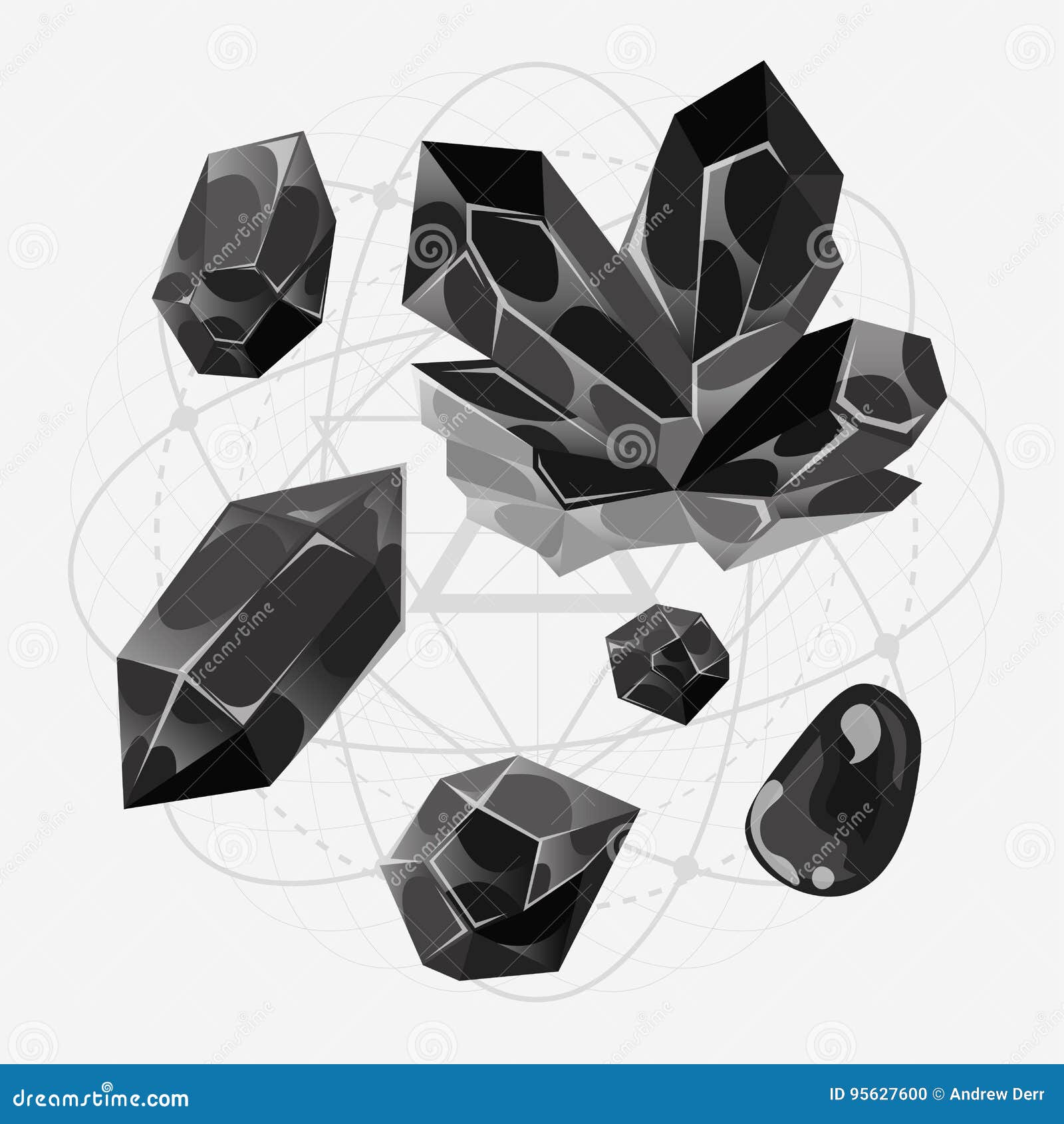 Illustration Of A Set Of Black Gems Stones, Minerals Icons For Web
