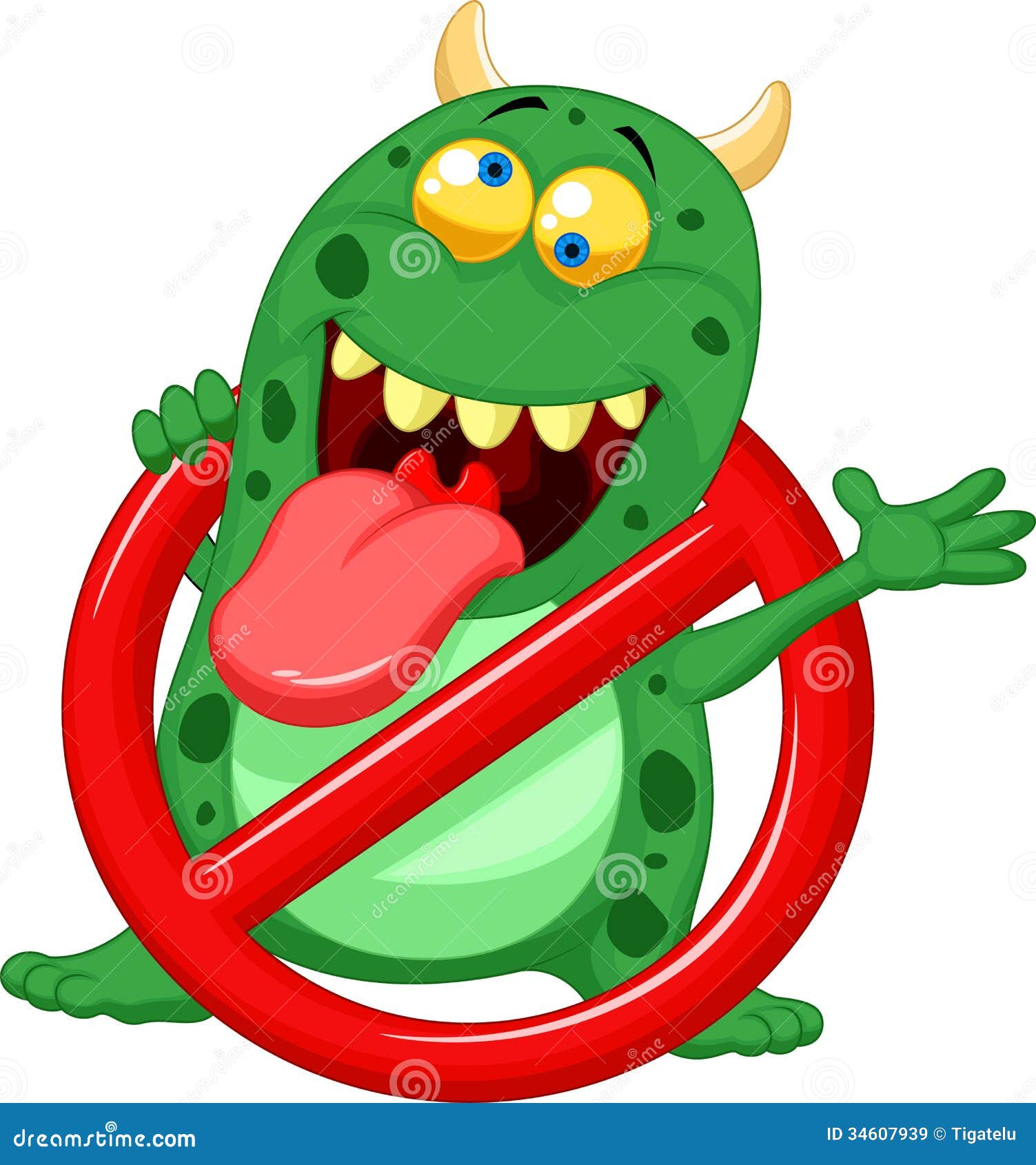 Cartoon Stop  Virus  Green Virus  In Red Alert Sign Stock 