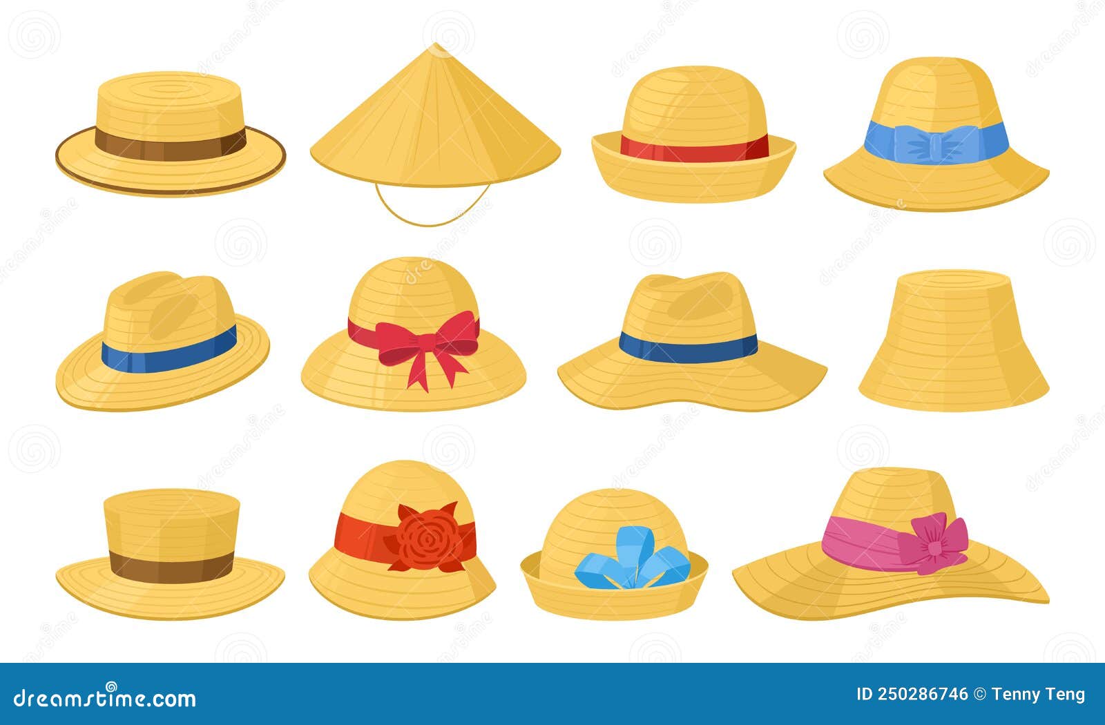 Cartoon Straw Hats, Summer Beach or Farmer Vintage Headwear. Gardener ...