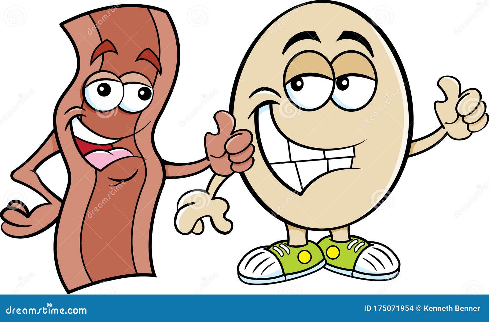 Cartoon Strip Of Bacon And An Egg Both Giving Thumbs Up. Vector