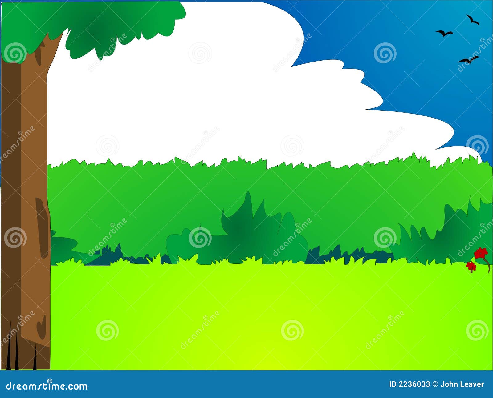  illustration of cartoon style landscape with tress, clouds and birds