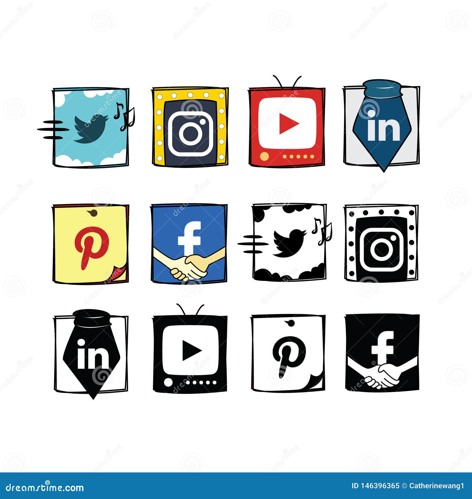 Fun Cartoon Style Social Media Icons Set Editorial Image Illustration