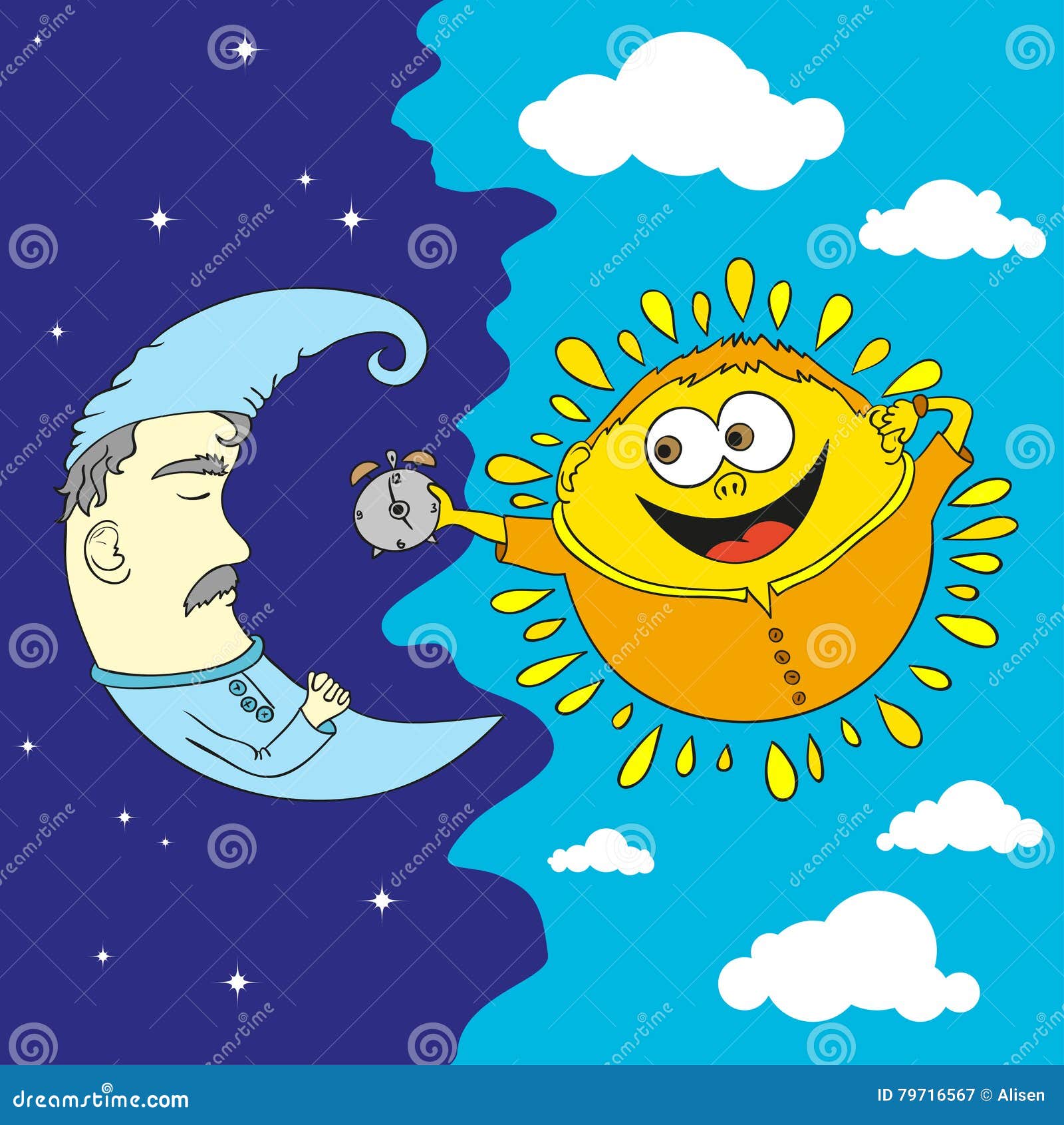 Cartoon Style Sun and Moon - Hand Drawn Fun Style Vector Stock Vector
