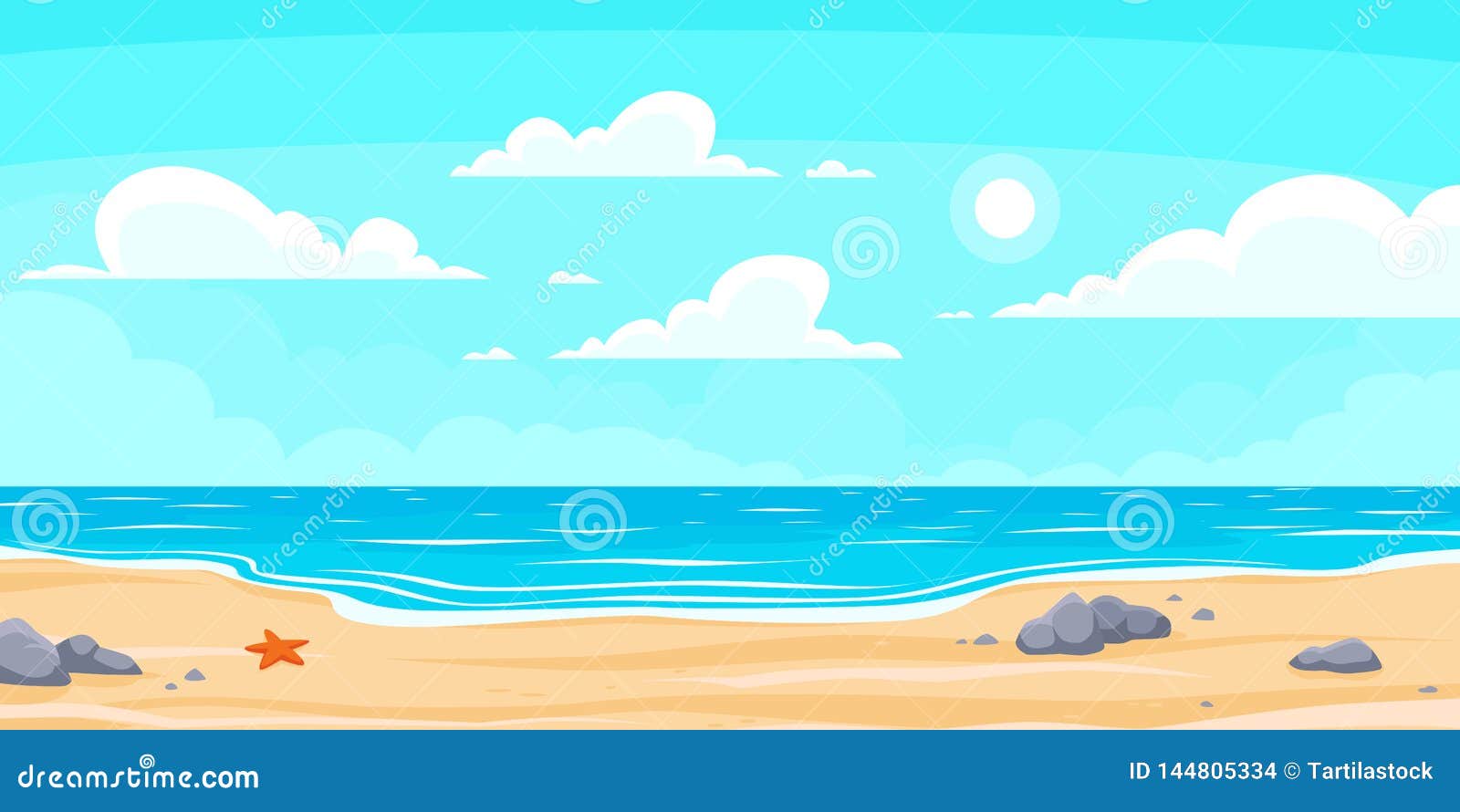 cartoon summer beach. paradise nature vacation, ocean or sea seashore. seaside landscape  background 