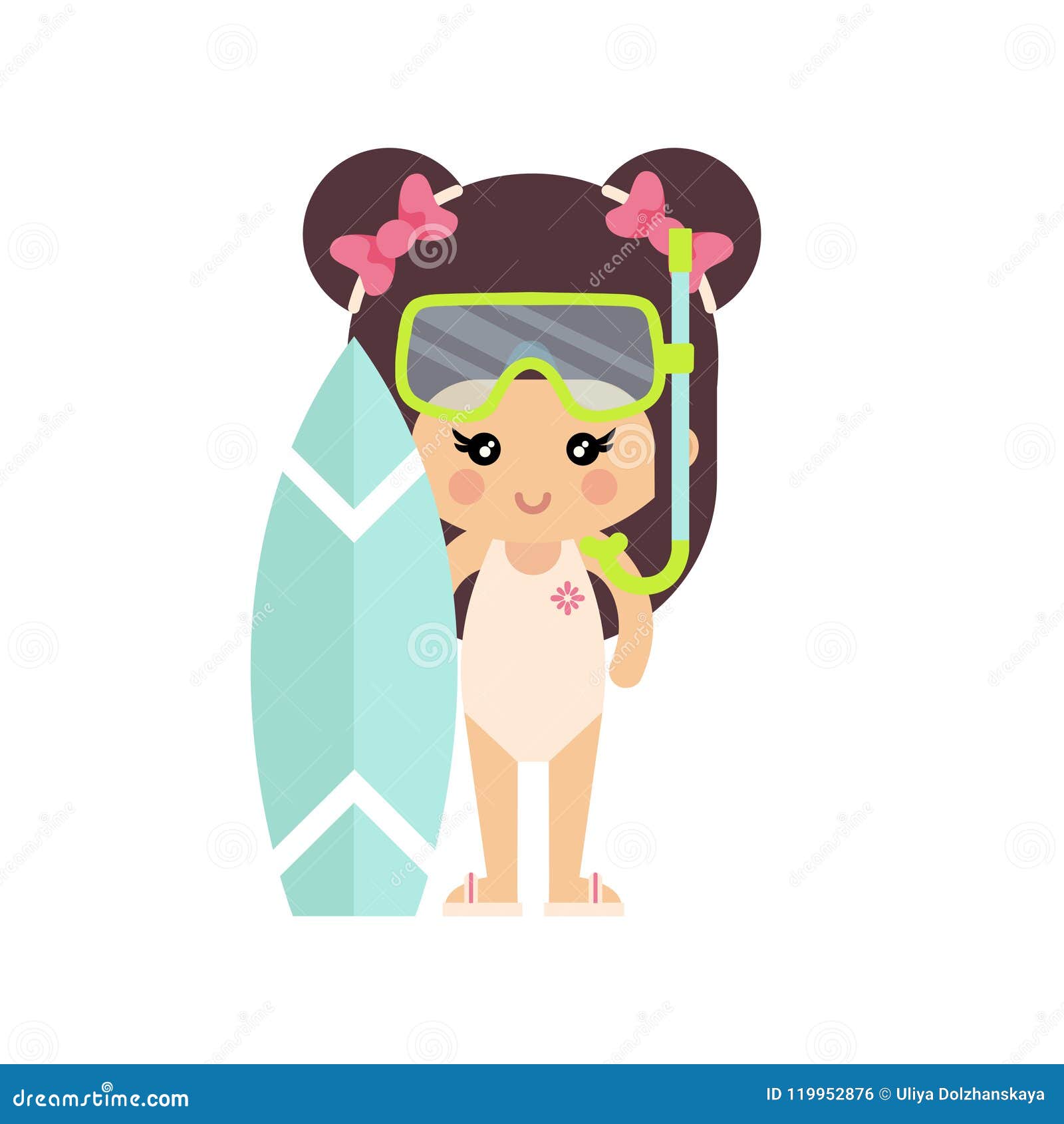 Cartoon Summer Girl in a Swimsuit with Diving Mask and Summer Bucket ...