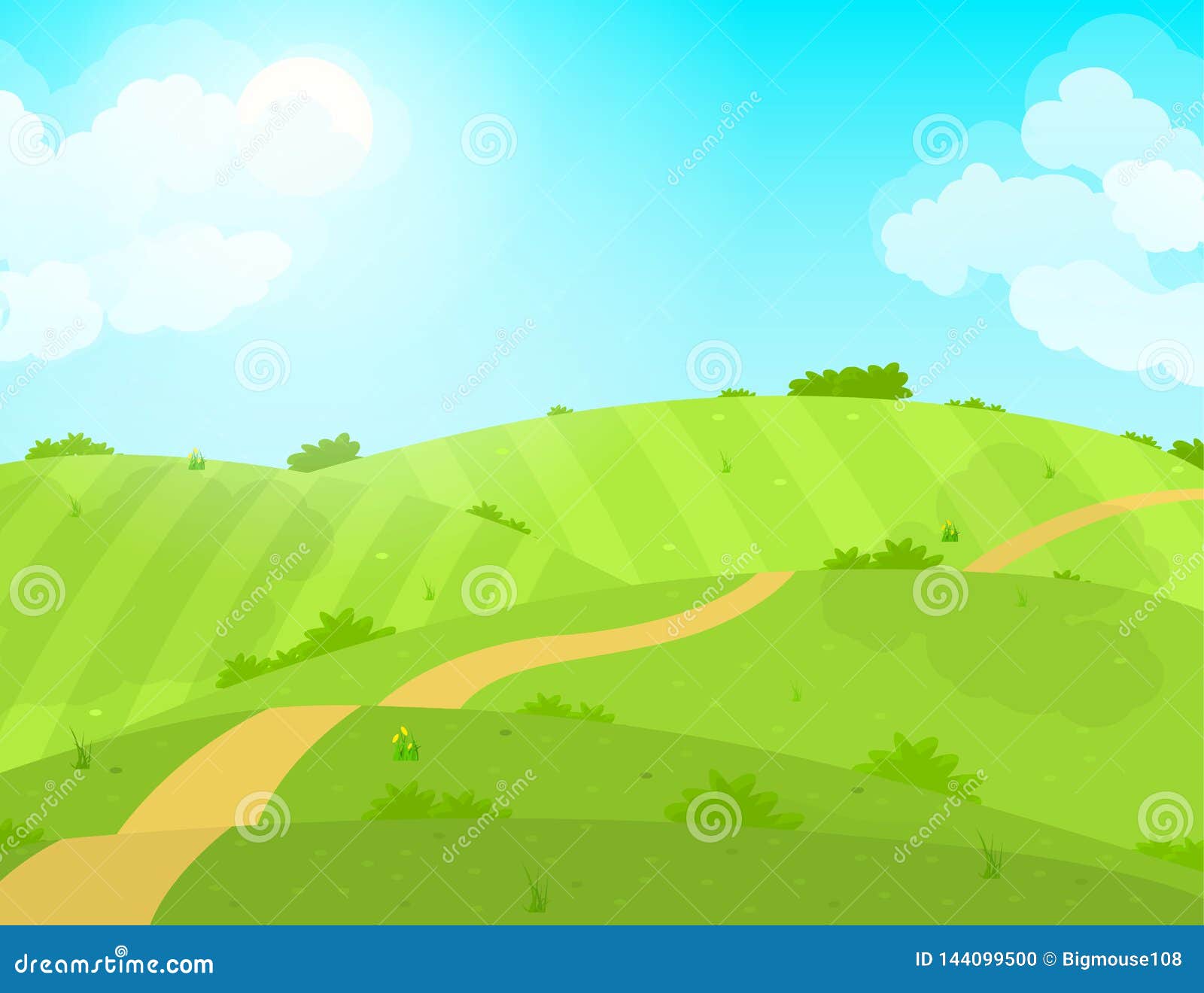 Cartoon Summer Green Field and Road. Vector Stock Vector - Illustration