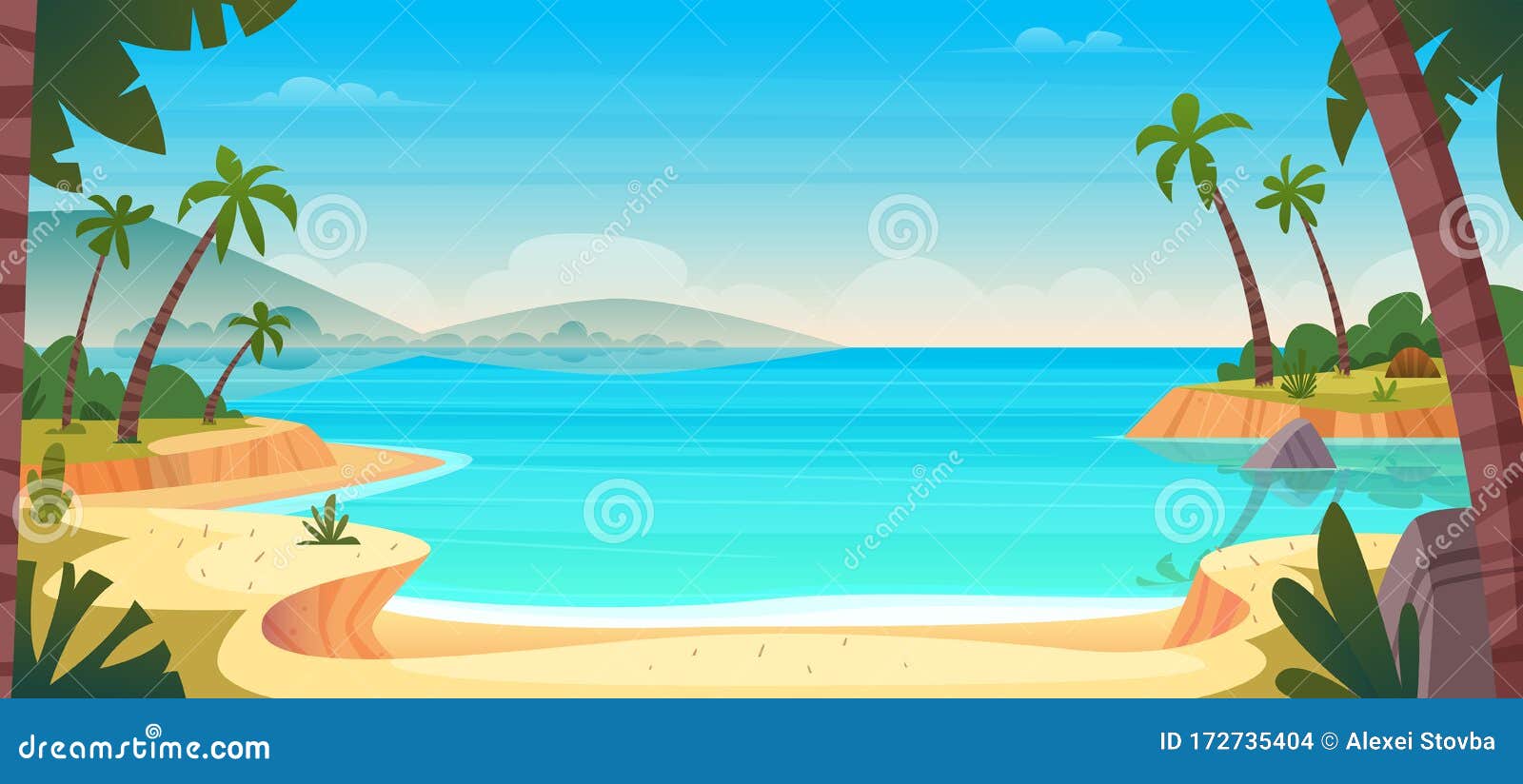 cartoon summer wild paradise beach. paradise nature vacation, ocean or sea seashore. seaside landscape