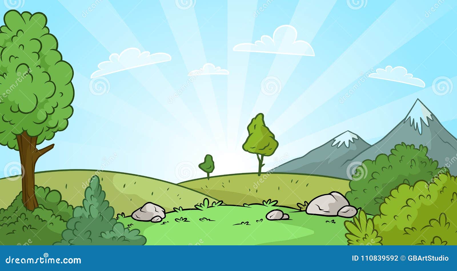 Cartoon Sunrise Nature Landscape Background Stock Vector - Illustration of  lawn, environment: 110839592