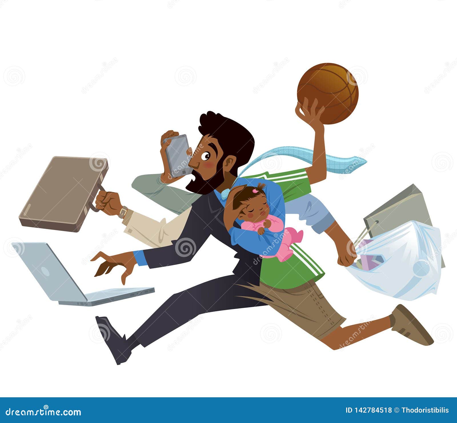 cartoon super busy black man and father multitasking in work