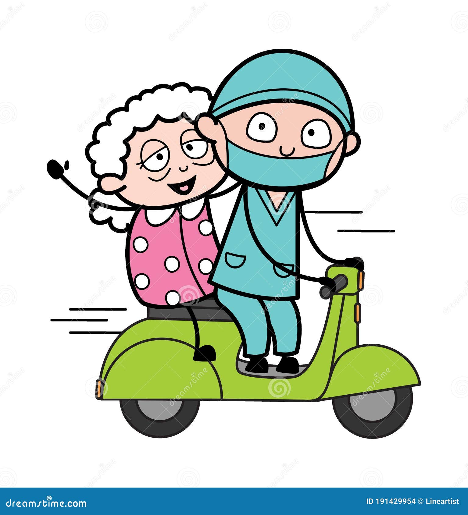 Cartoon Surgeon Riding Scooter with an Old Lady Stock Illustration