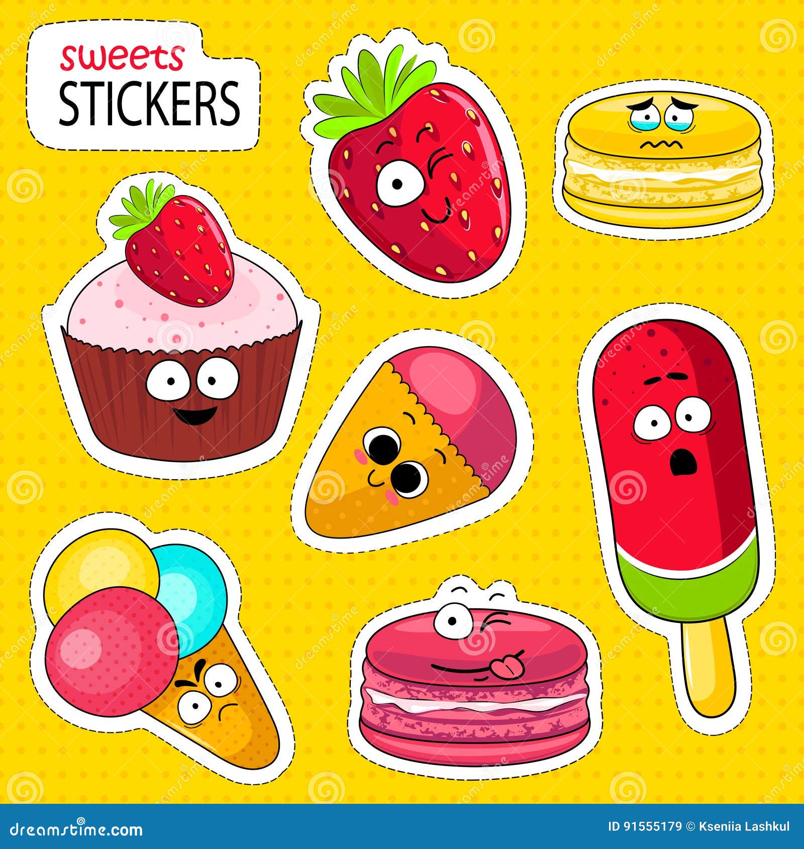 Set of Fun Stickers Desserts Kawaii Bakery Food Stock Vector