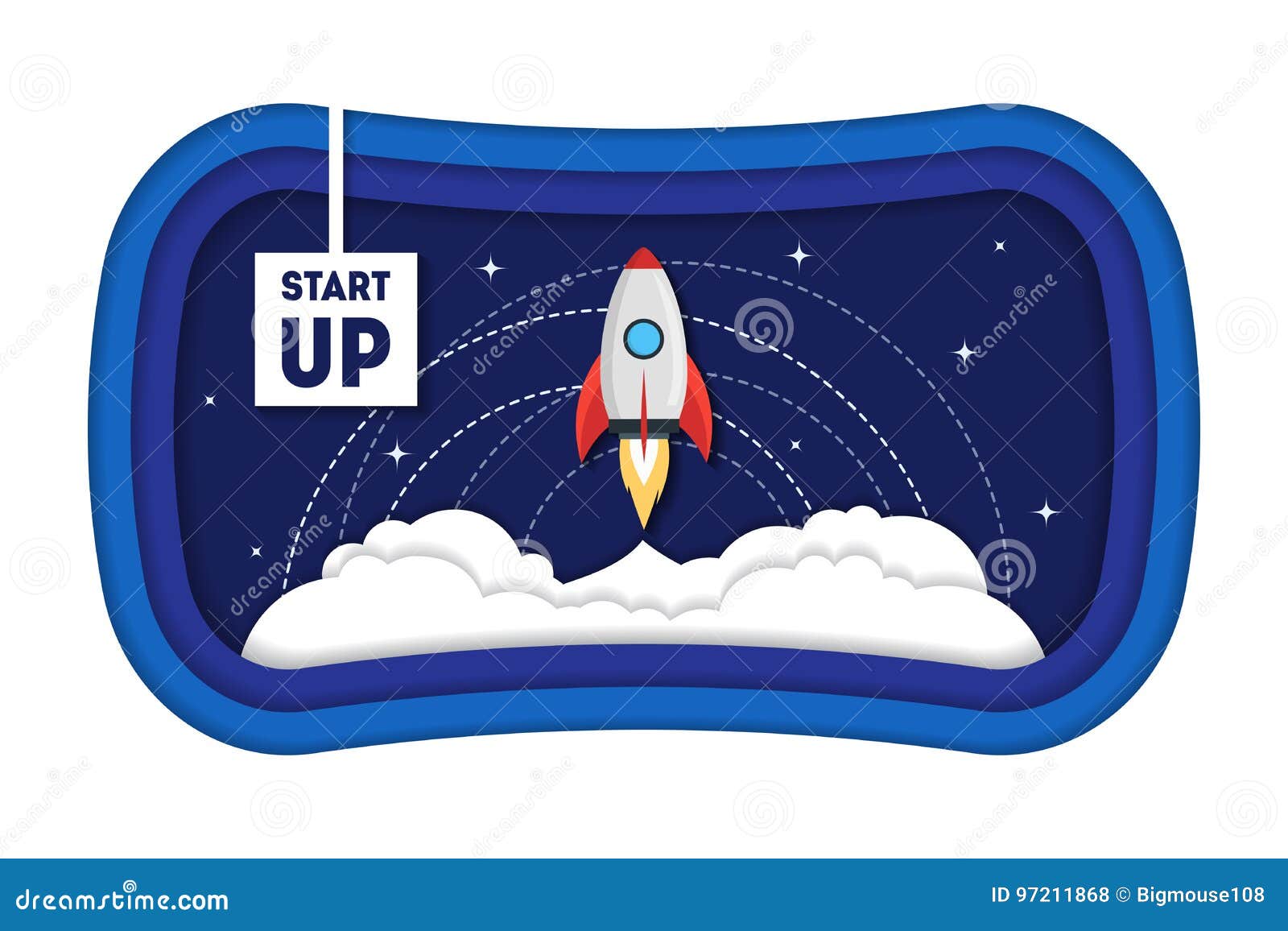 cartoon  start up concept space ship rocket paper art. 