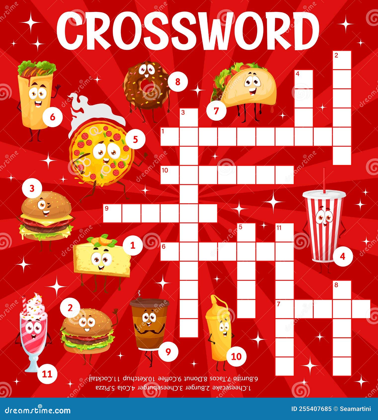 Cartoon Takeaway Fast Food, Crossword Puzzle Game Stock Vector