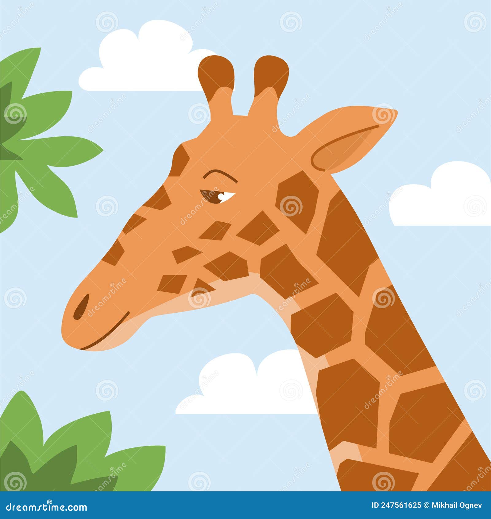 Cartoon Illustration Tall Giraffe Eating Tree Leaves Stock Vector