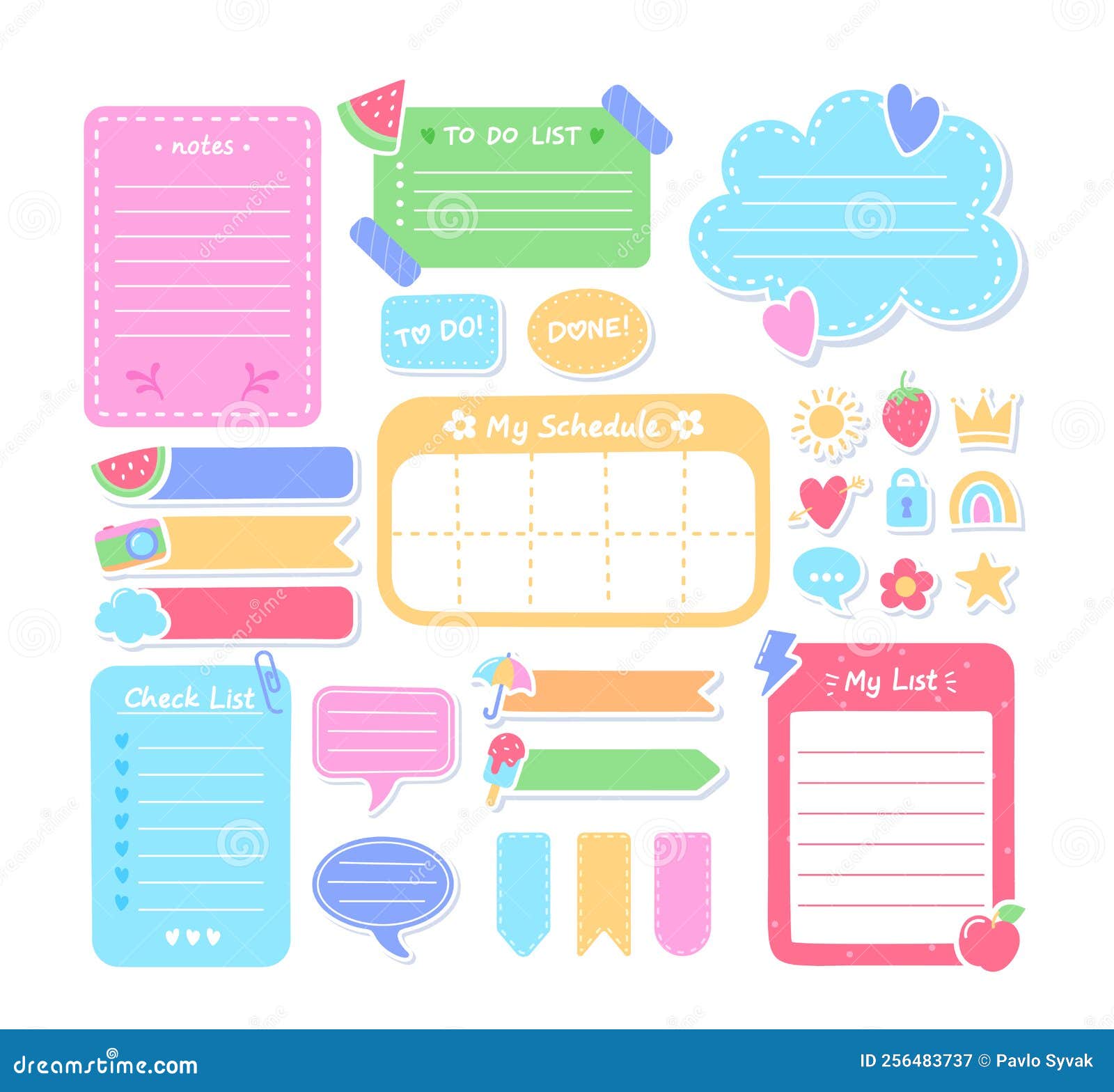 cartoon task planners, cute paper sticky notes, banners, to do list or memo message notepads paper sheets, schedules