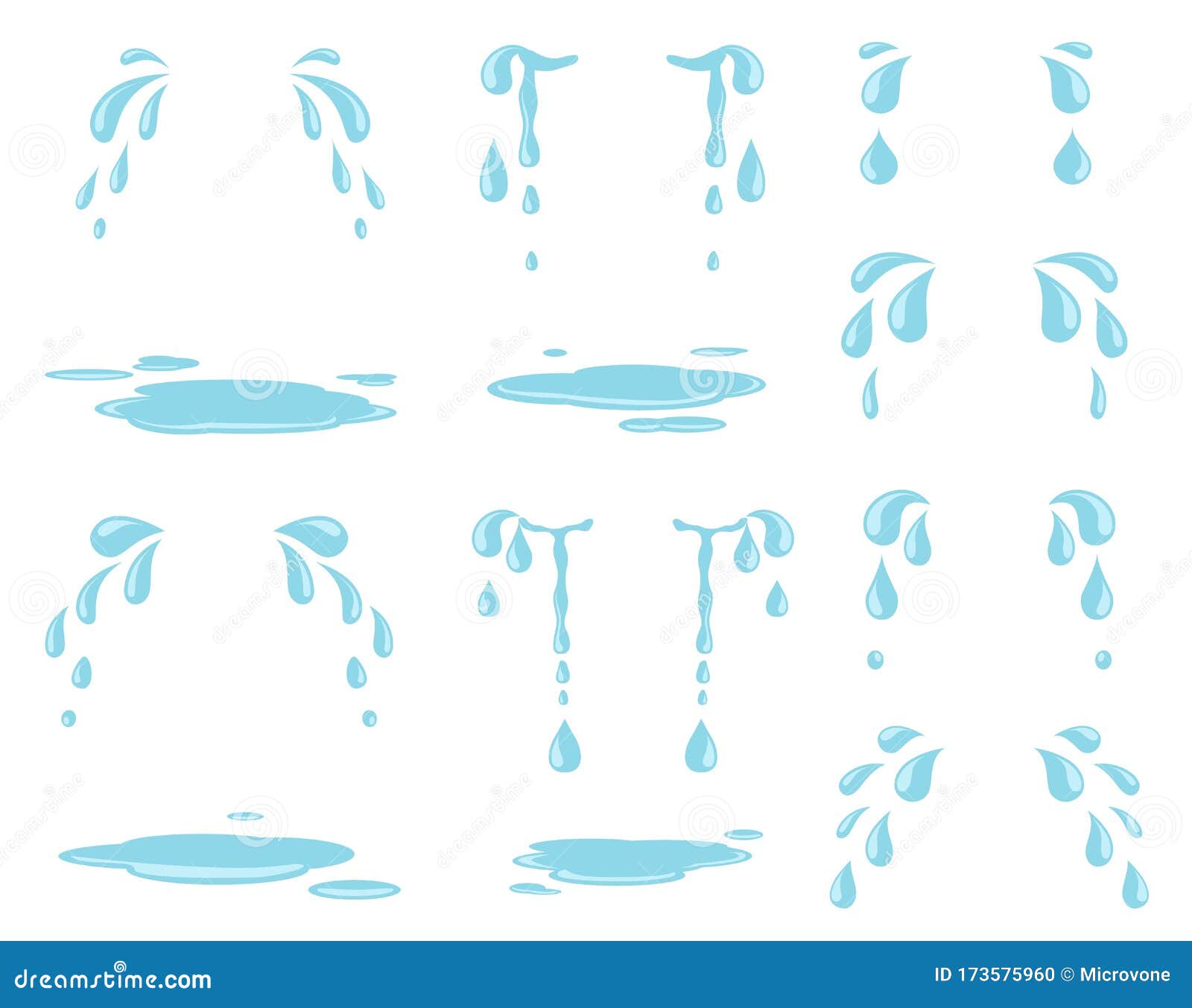 cartoon tears. water splash, raining drops and natural stream. weeping droplets and cry tear.  drip sweat and